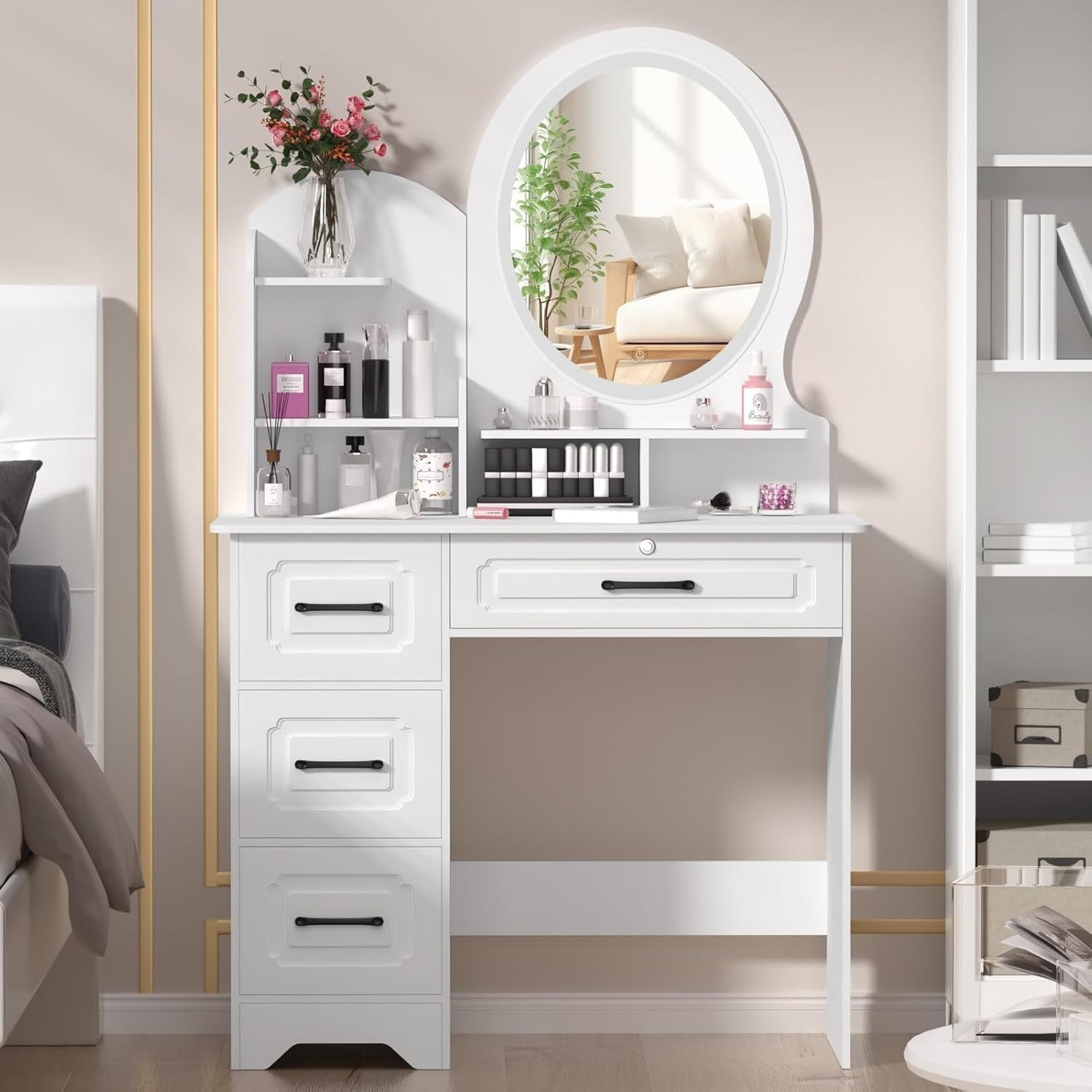 European Style Makeup Vanity Desk Lighted Mirror 3 Color LED 4 Drawers Storage