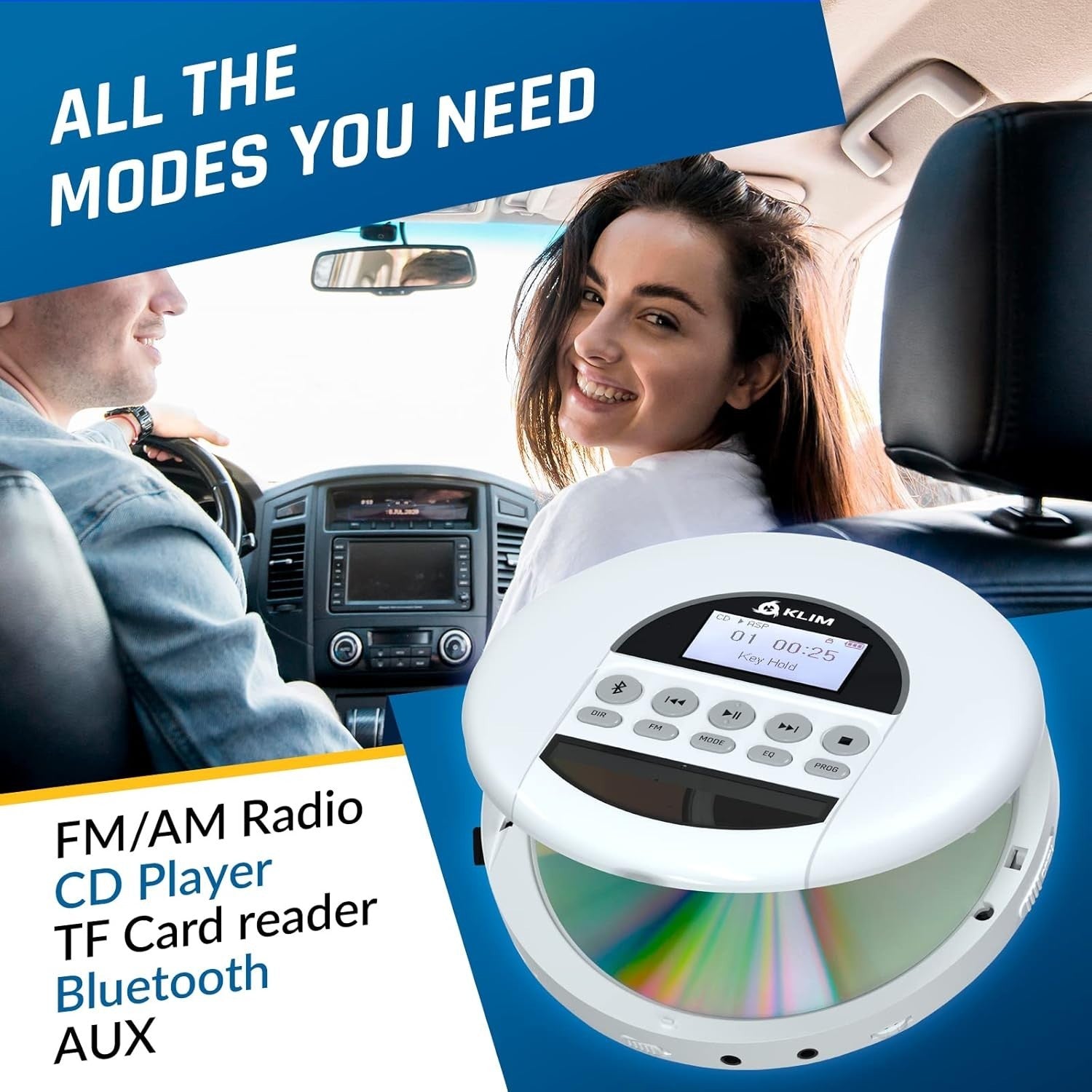 Portable CD Player Bluetooth FM Radio TF Card Rechargeable White w/ Earbuds