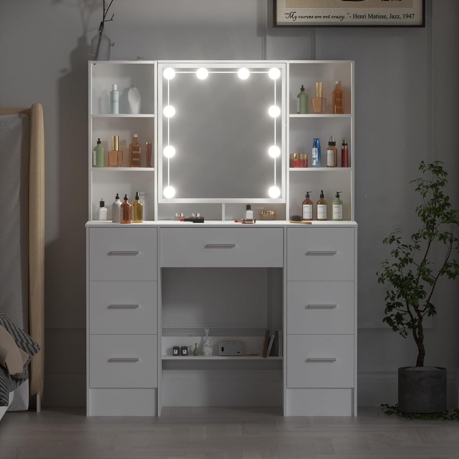 Modern Vanity Makeup Dressing Table w/Mirror Storage Drawers Lights Ivory