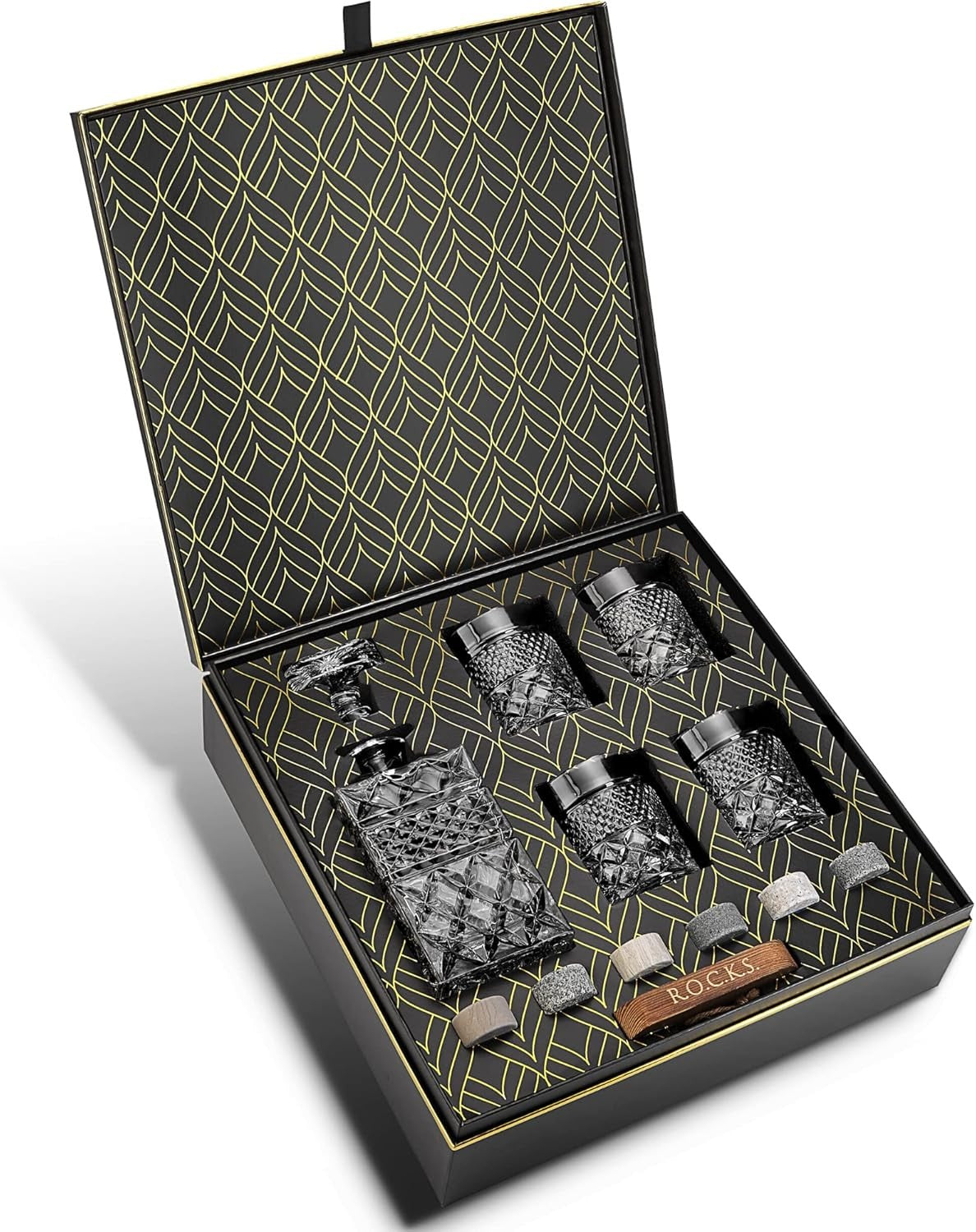 Whiskey Decanter Gift Set 4 Glasses Granite Chilling Stones Luxury 650ml Carafe