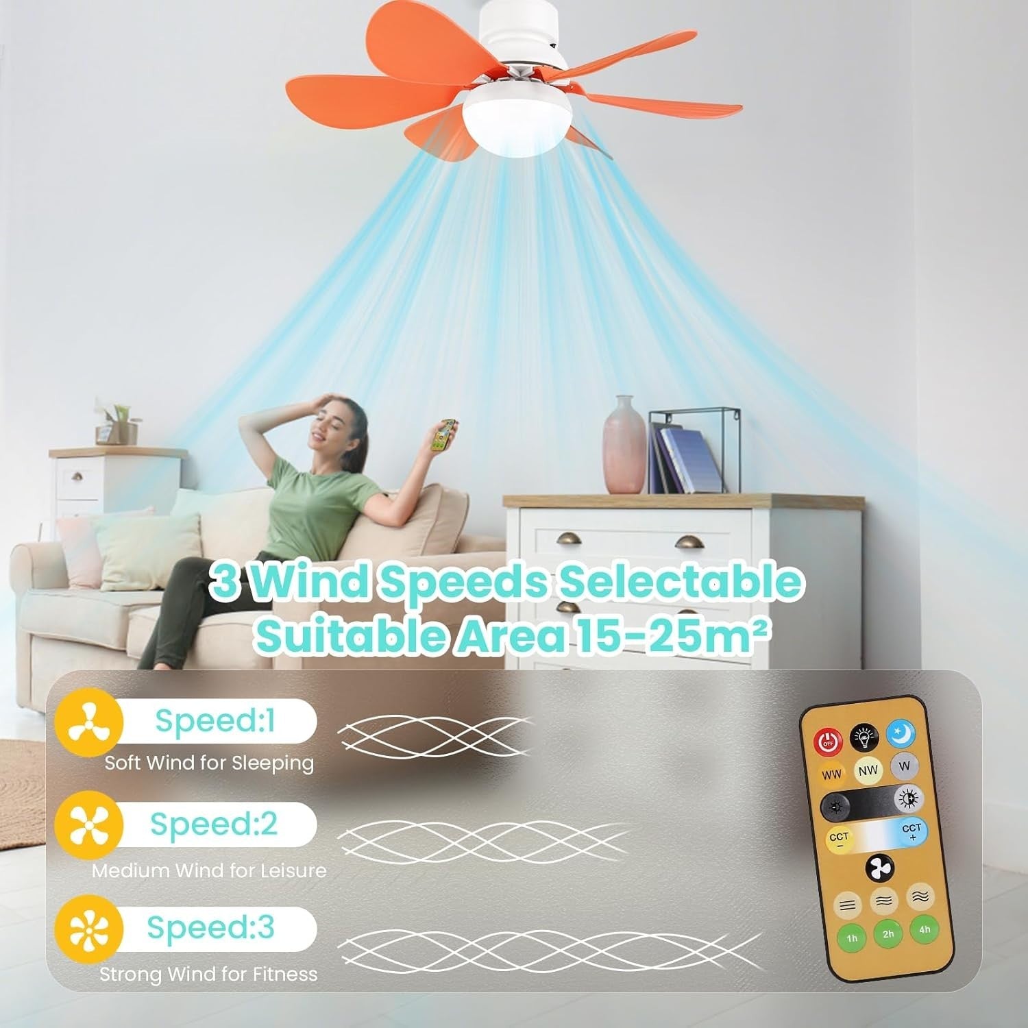 30W Ceiling Fan with Lights Dimmable Quiet 6 Blades Remote