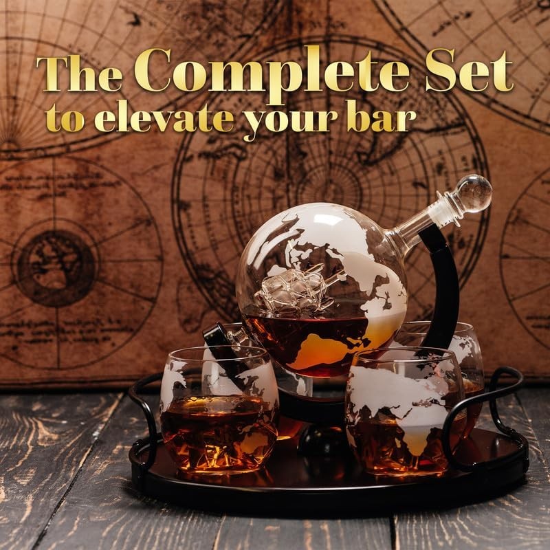 Globe Whiskey Decanter Set 850ml with 4 Etched Glasses & Tray Gift Box