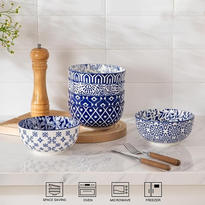 6pc Blue Porcelain Cereal Bowls Set 29oz Deep Soup Ramen Bowls