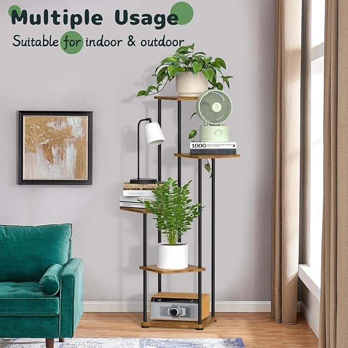 5 Tier Tall Metal & Wood Plant Stand Indoor Outdoor Multi-Shelf Flower Rack
