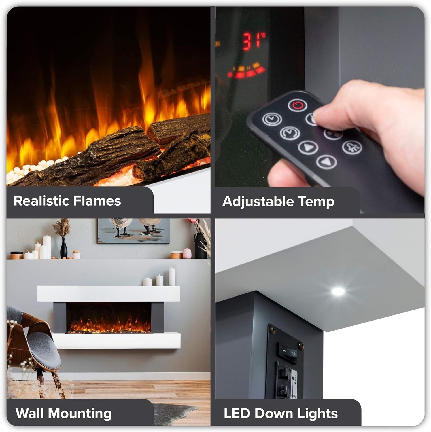 52" Wall Mounted Electric Fireplace LED Flame Heater Grey Glass Unit