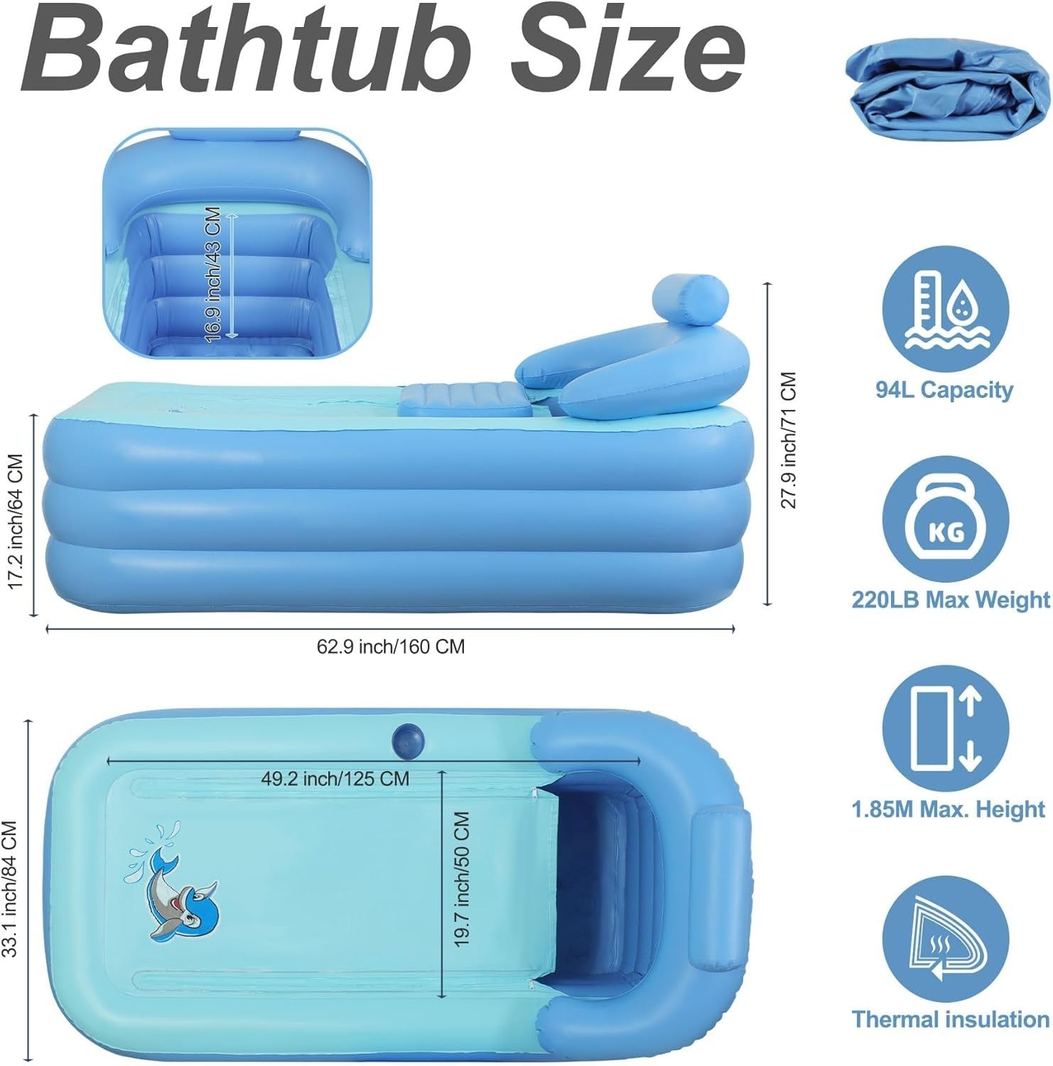 Inflatable Foldable Adult Bathtub 160x84x64cm with Electric Pump & Fast Drain