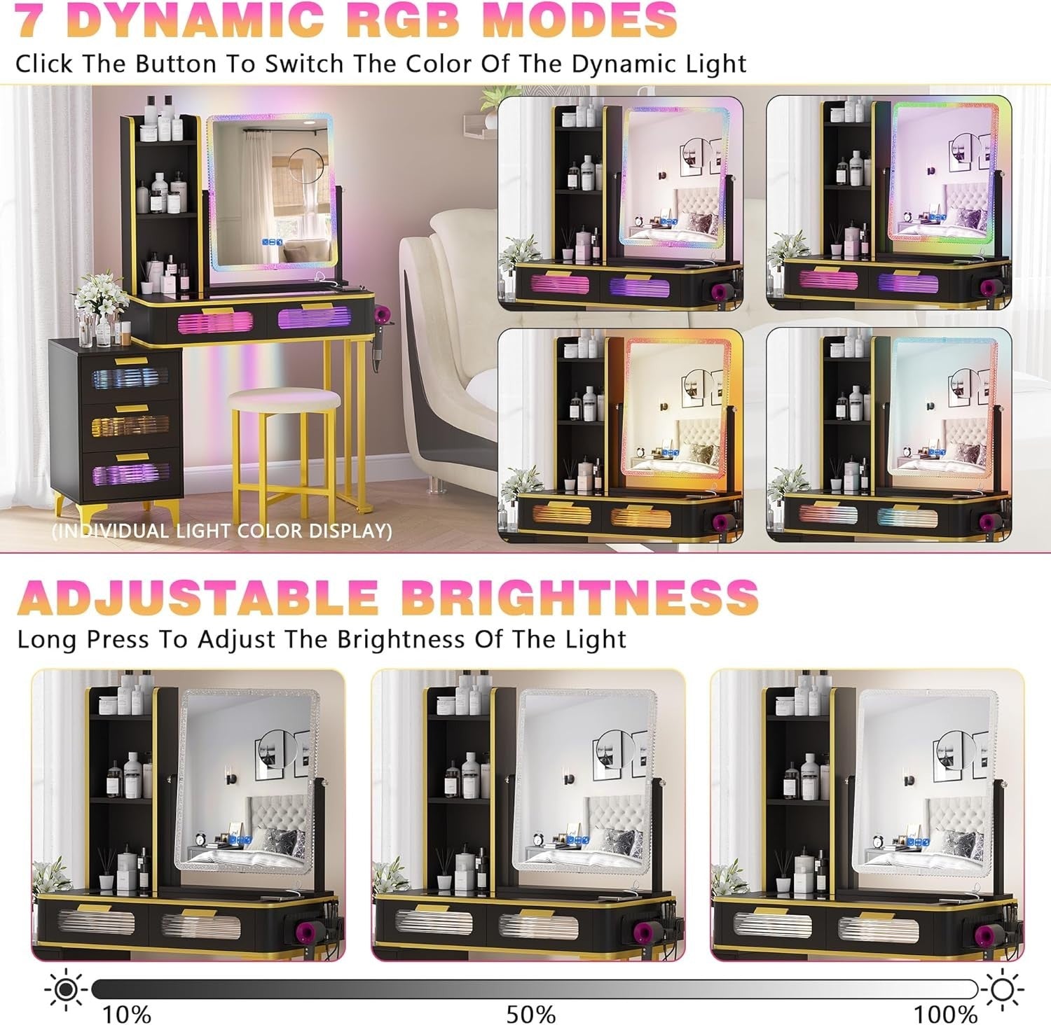 Black Vanity Dressing Table RGB Auto Sensor LED Light Wireless Charging 6 Drawer