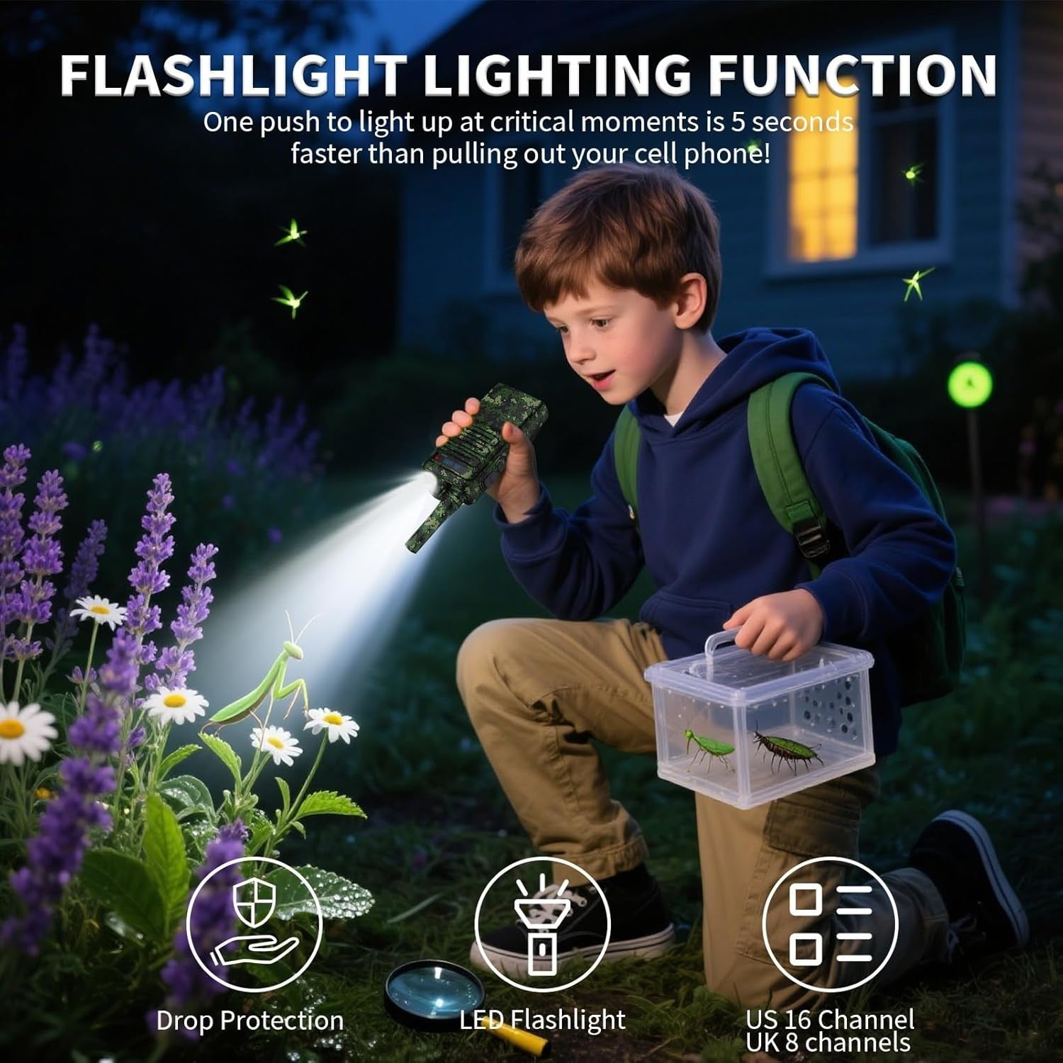 Kids Walkie Talkies Rechargeable 3KM Range 8 Channel VOX Flashlight Camo