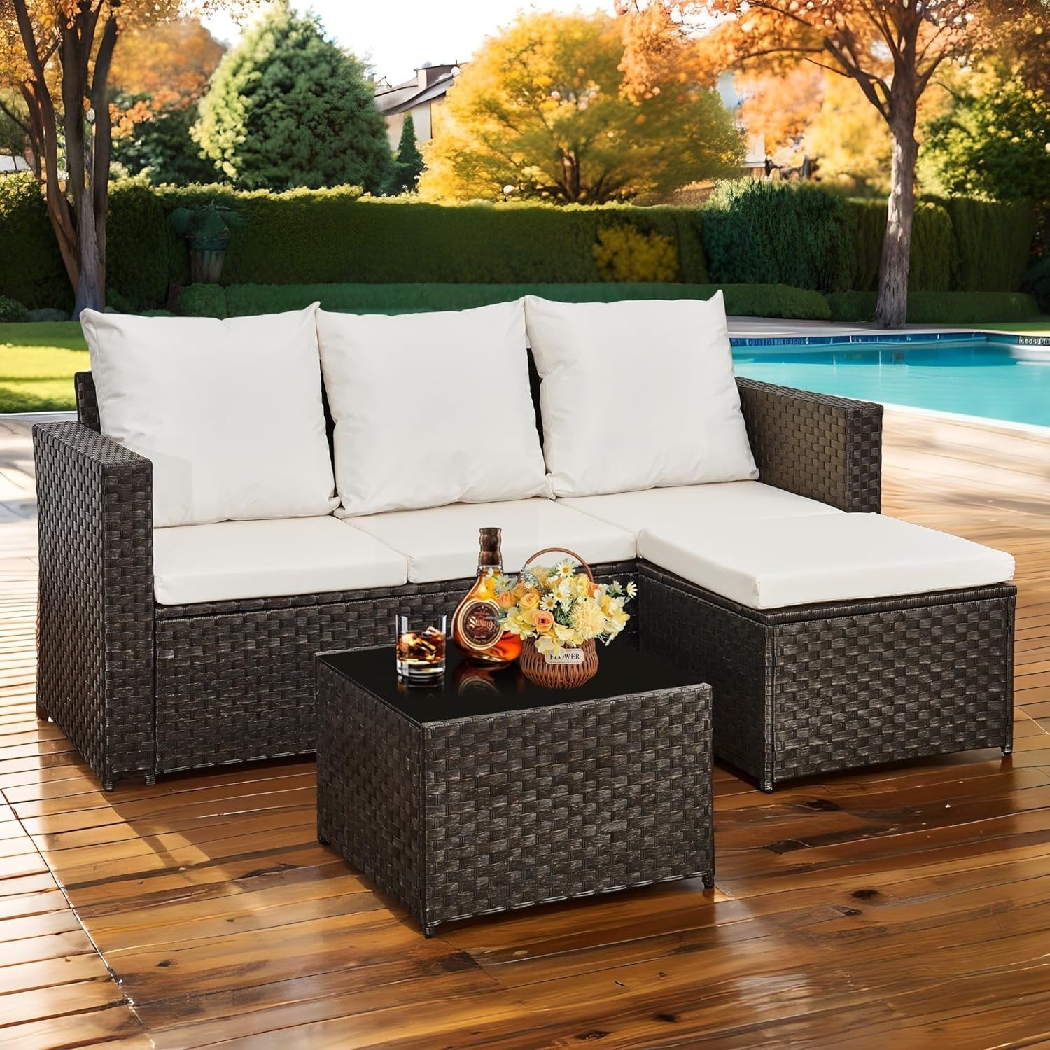 3PC Rattan Garden Corner Sofa Set Outdoor Patio Furniture w/ Table