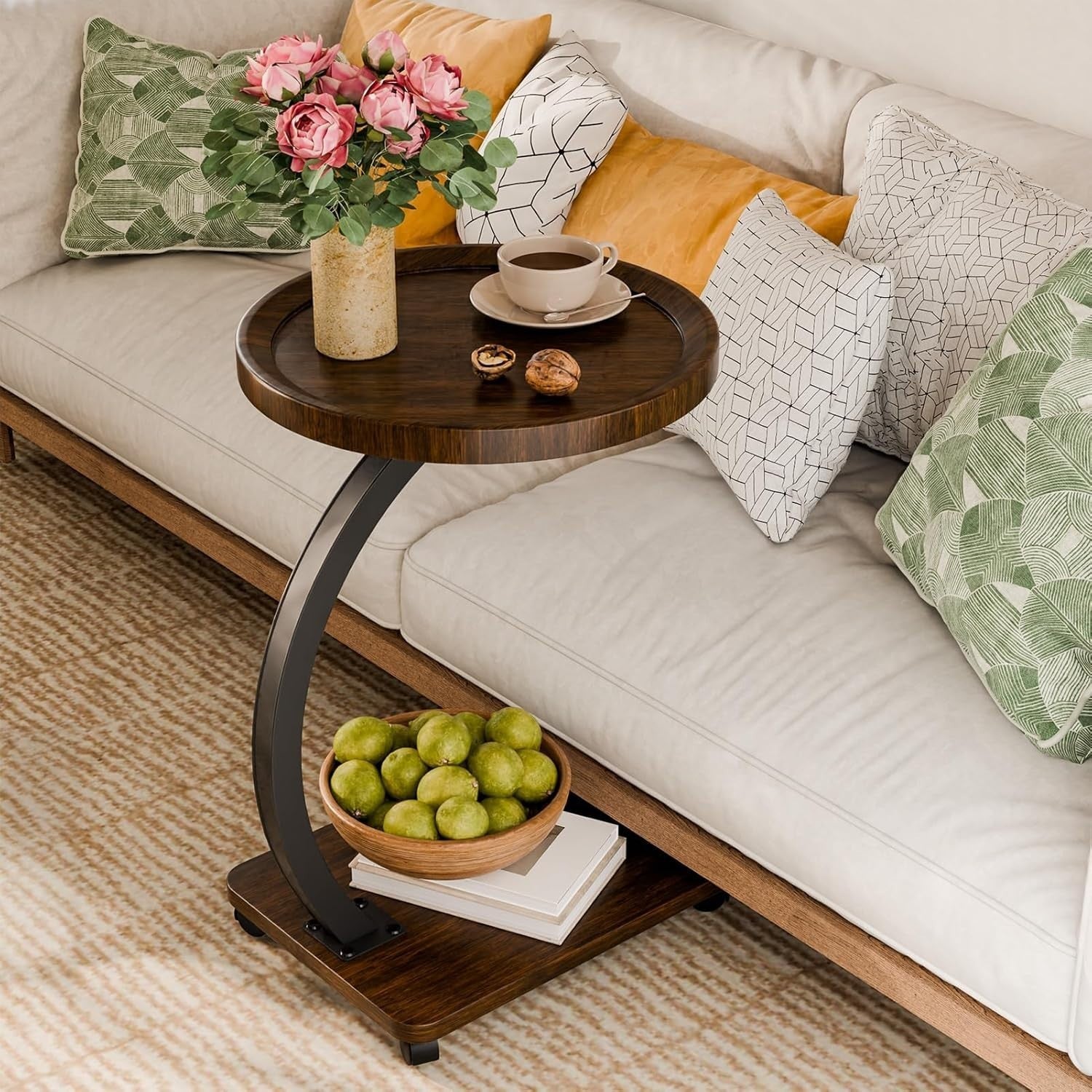 2-Tier C-Shaped Side Table with Casters Modern Small Sofa Bed Tray Table