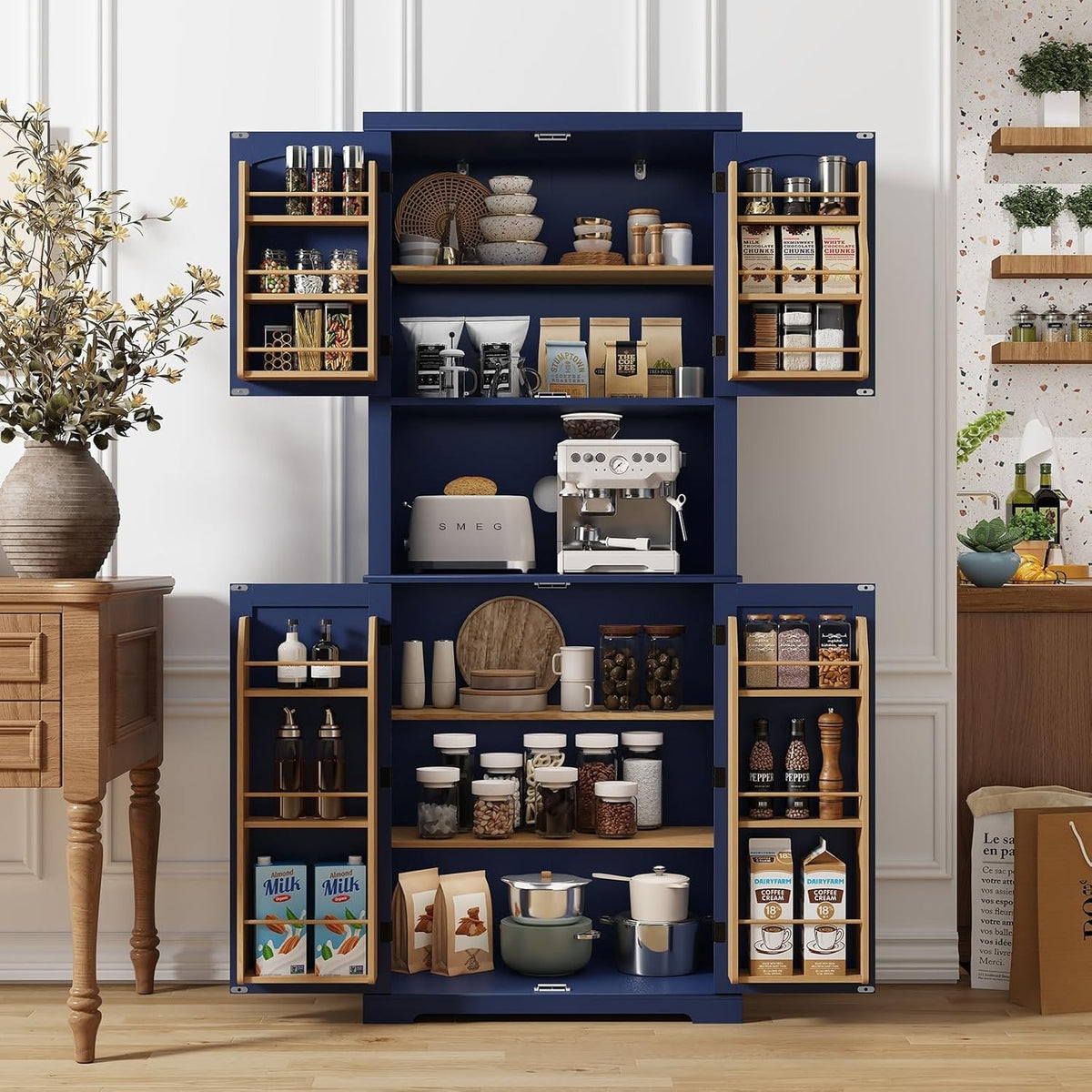 Blue Tall Kitchen Cabinet Pantry Cupboard 2 Doors Shelves 183cm