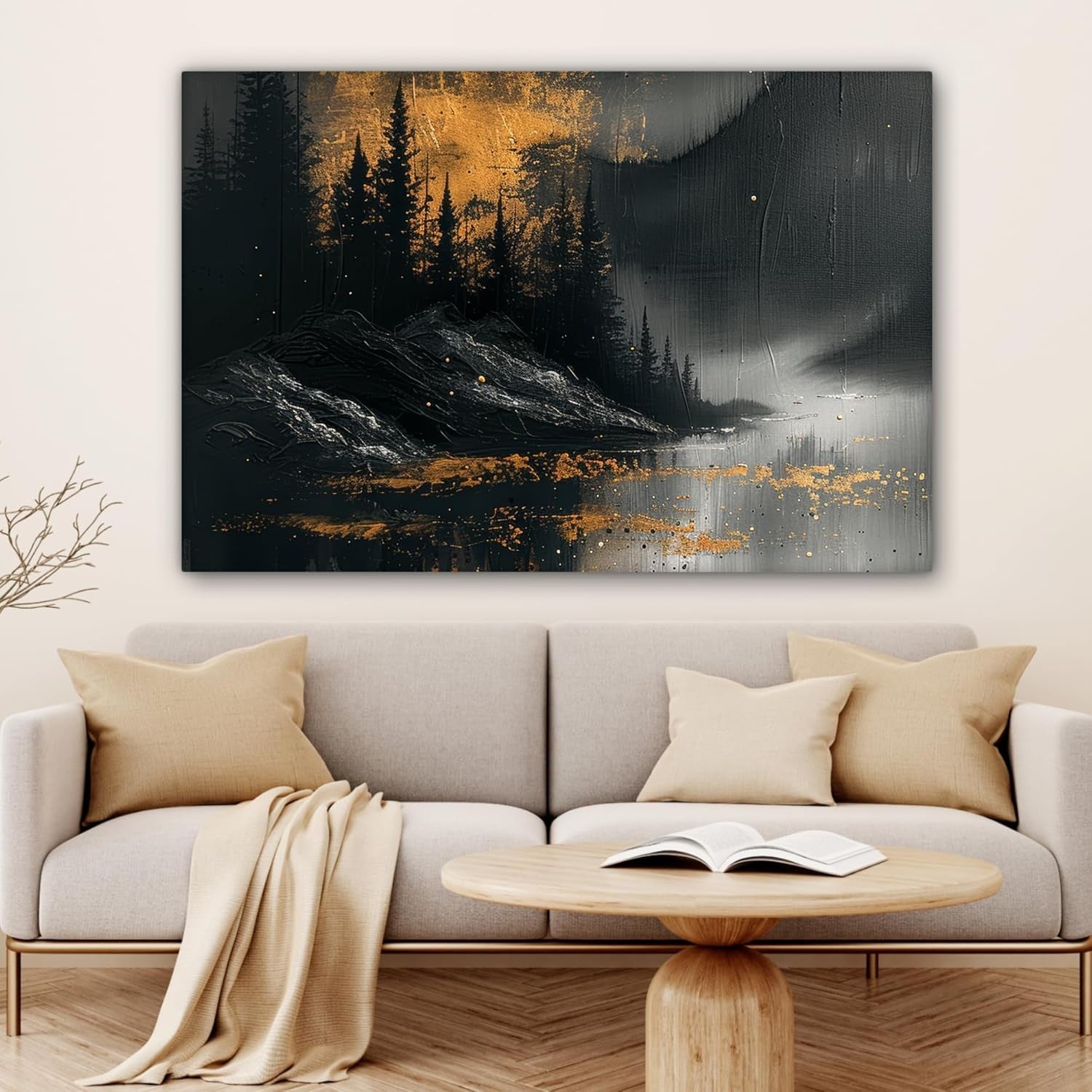 Large Forest Canvas Wall Art 120x80cm Black Gold Modern Nature Decor