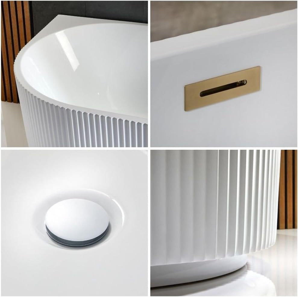 White Right Hand Fluted Corner Bath 1700x800mm Brass Overflow