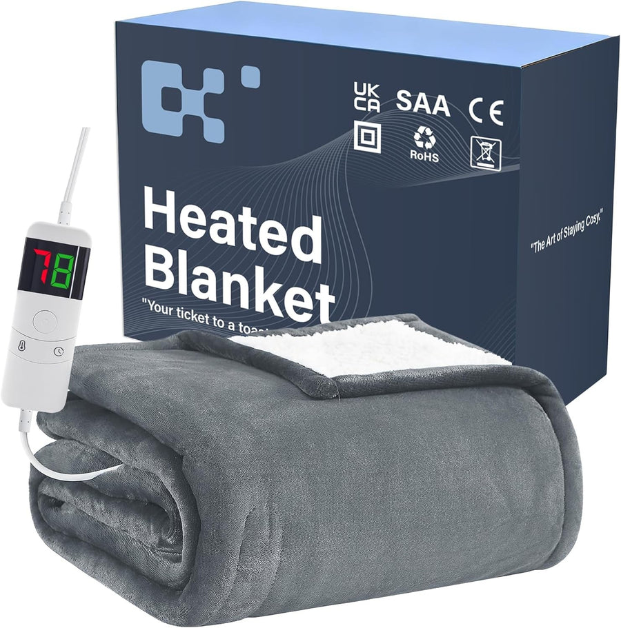 Electric Heated Throw Blanket Grey Soft Fleece 10 Heat Levels Timer 130x160cm