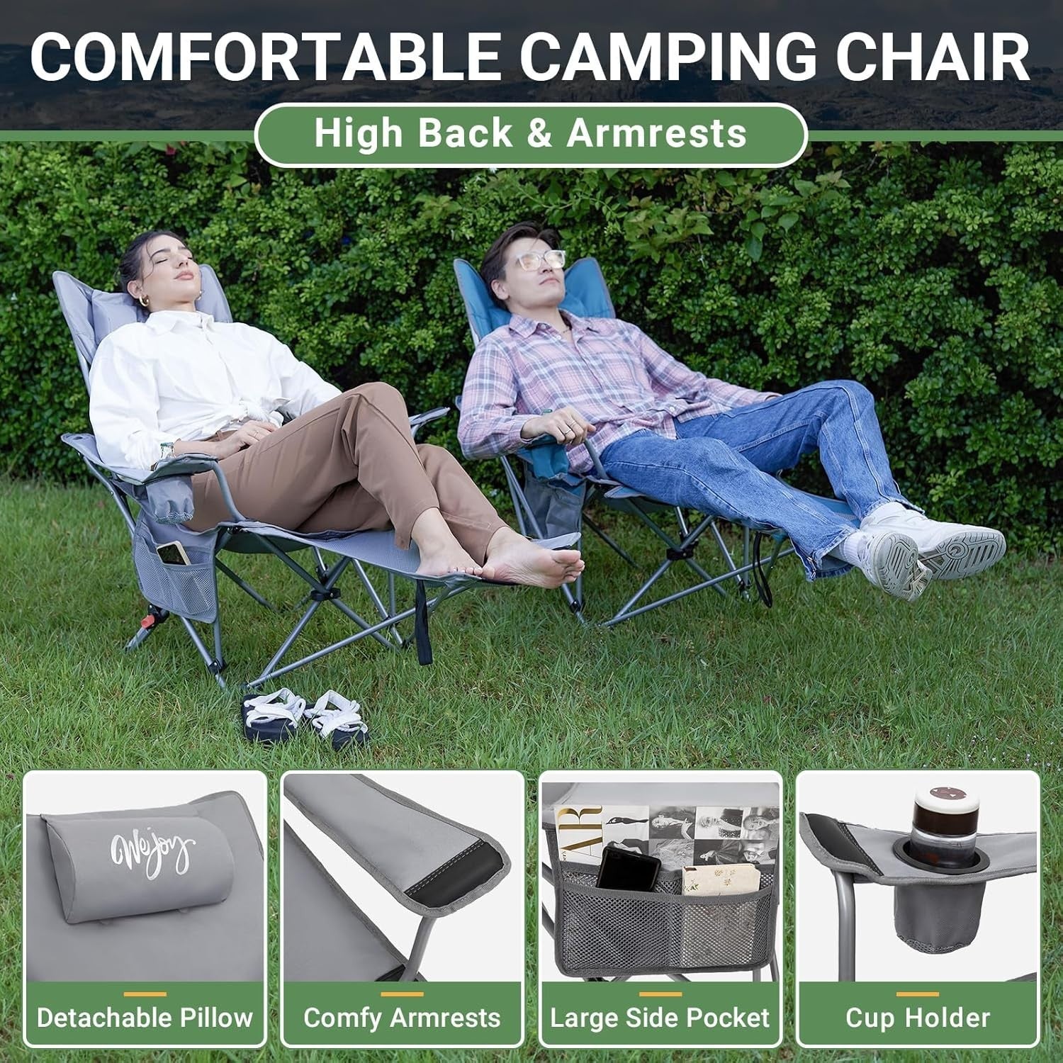 2x Reclining Folding Camping Chairs Padded Footrest Grey Cup Holder