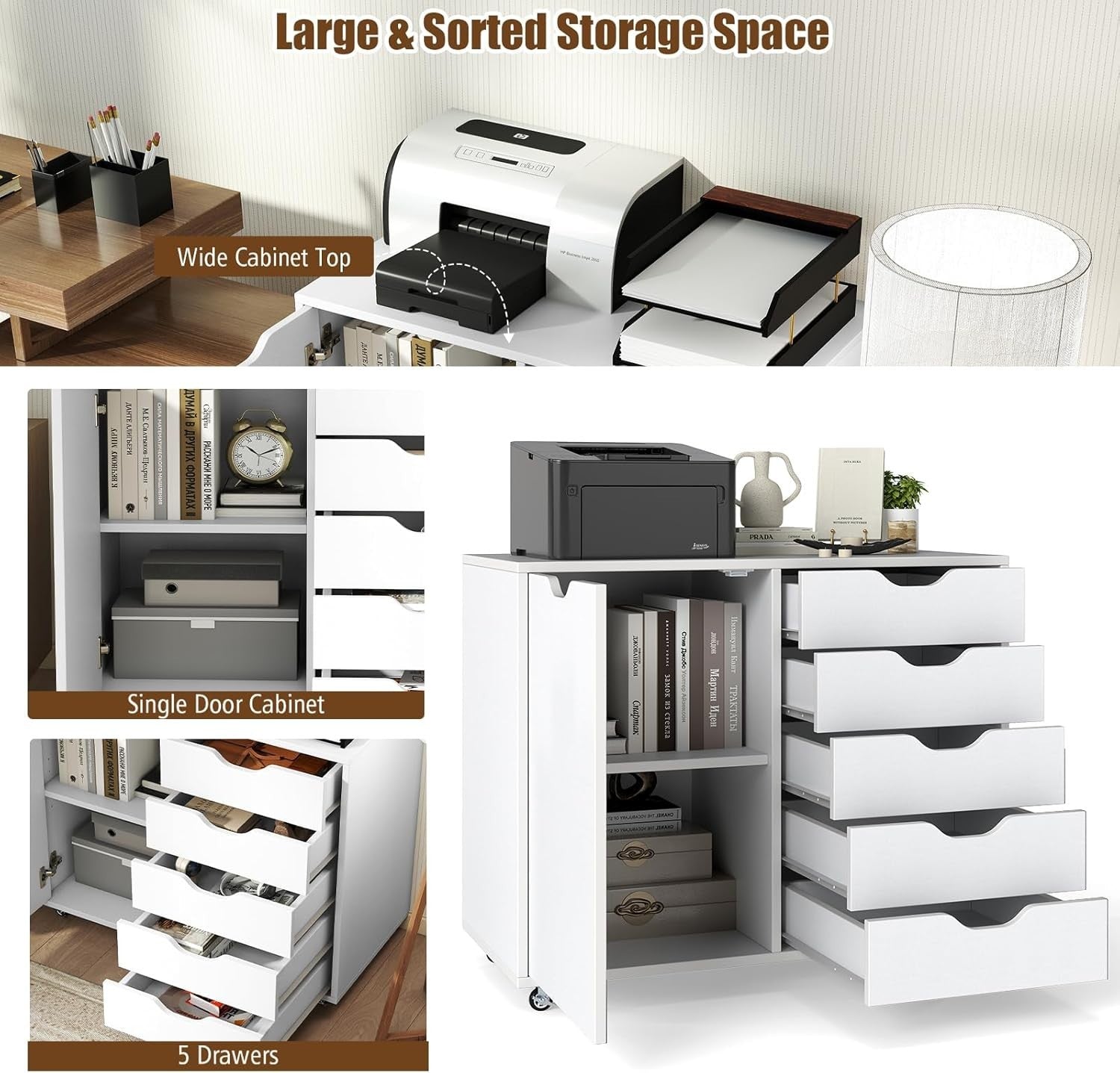 High Capacity Mobile File Cabinet w/ 5 Drawers Side Cupboard Lock Wheels