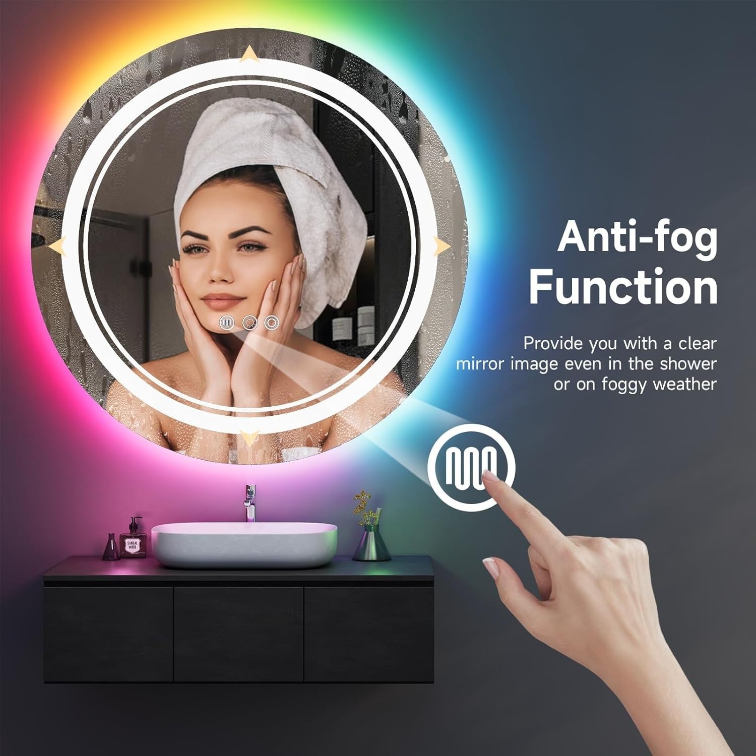 LED Bathroom Mirror 60cm Round RGB Dimmable Anti-Fog Touch Control