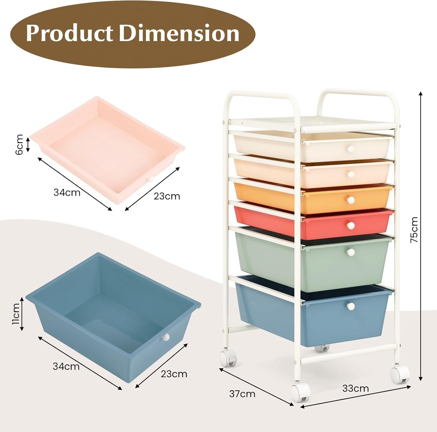 Colorful 6 Drawer Rolling Storage Cart Craft Office Beauty Organizer