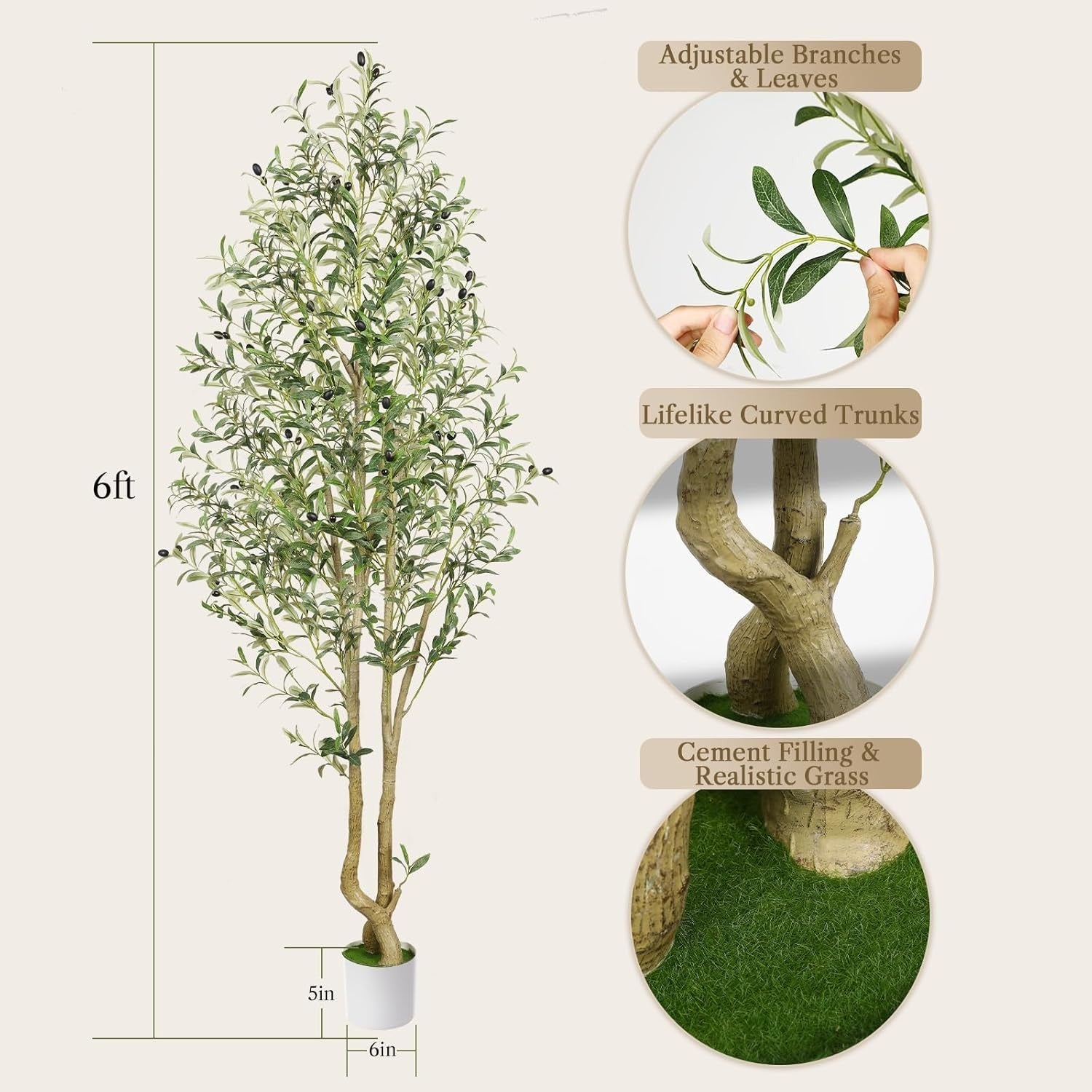 6ft Artificial Olive Tree with Curved Trunk & Pot Lifelike Indoor Outdoor Decor