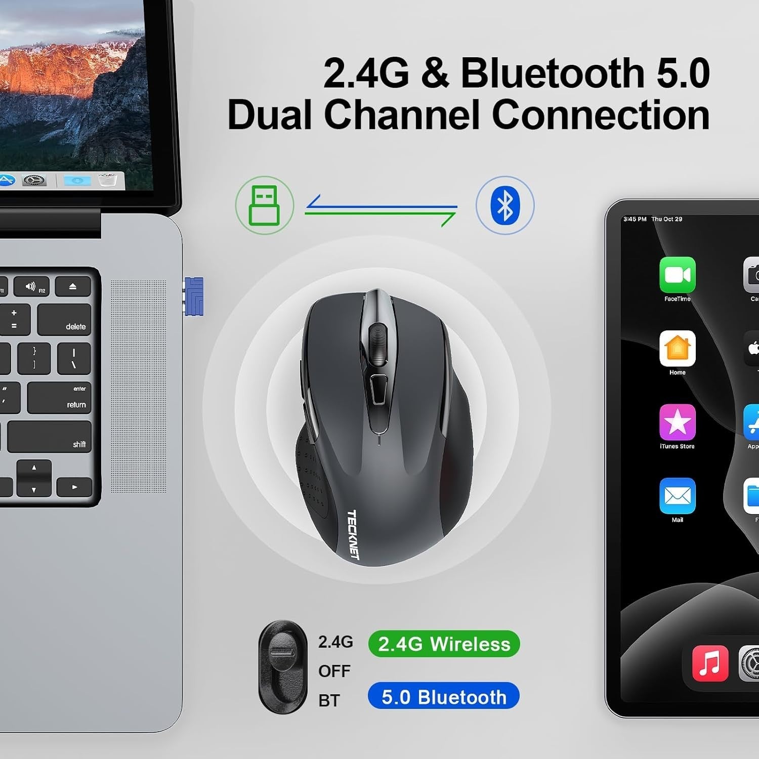 Rechargeable Bluetooth Wireless Mouse Silent Ergonomic 4800DPI Tri Mode