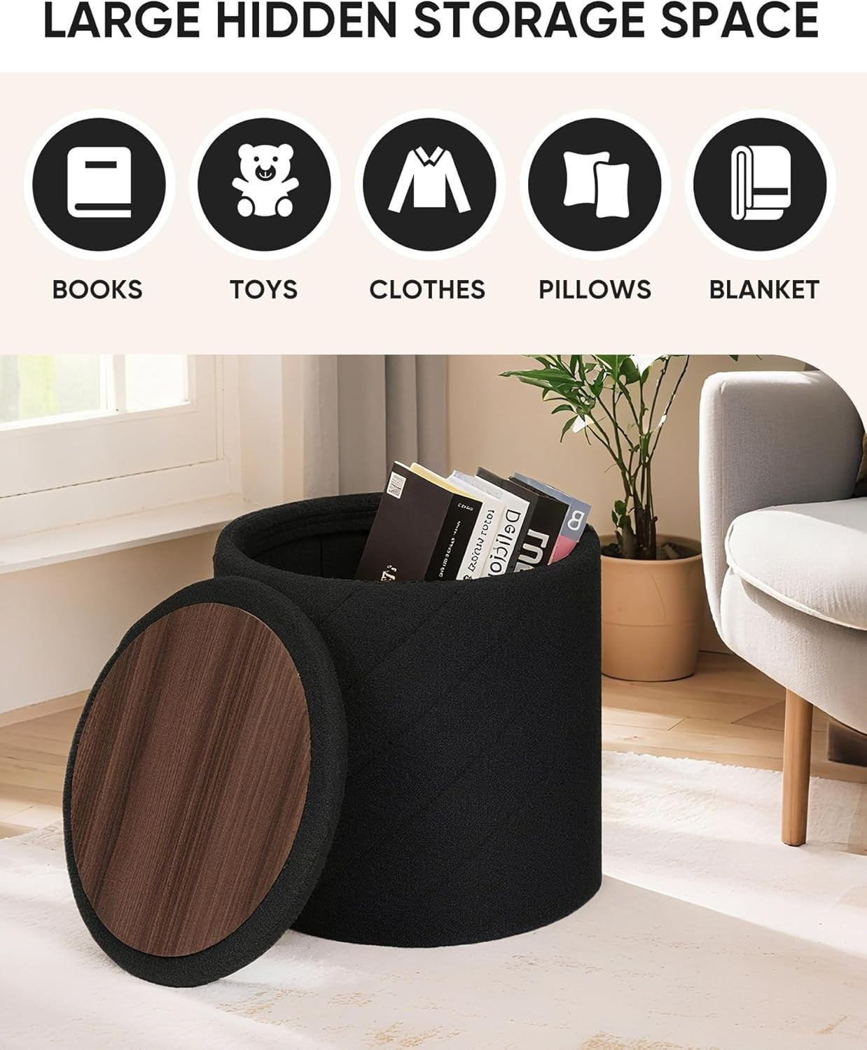 Black Boucle Round Storage Ottoman Stool Footrest Vanity Seat