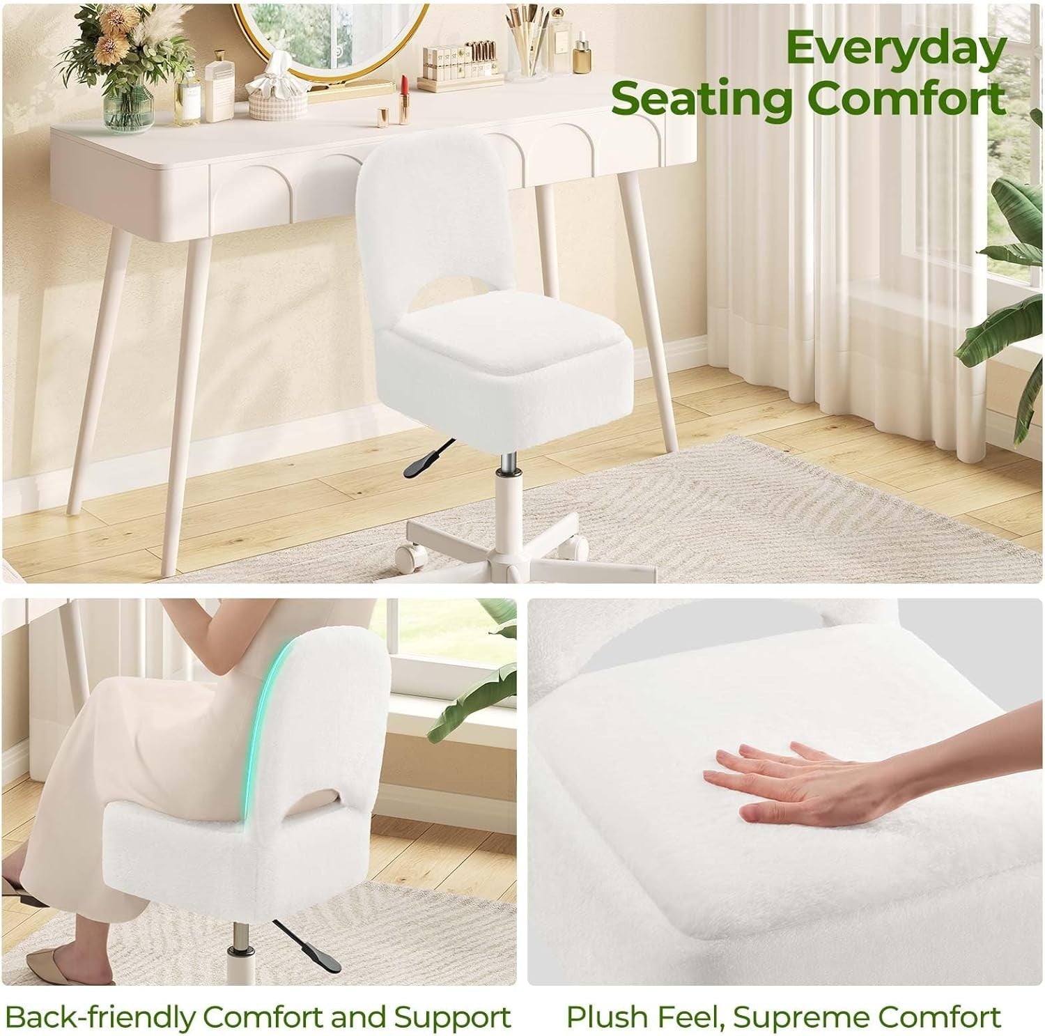 White Furry Vanity Chair with Storage Swivel Adjustable Height & Wheels