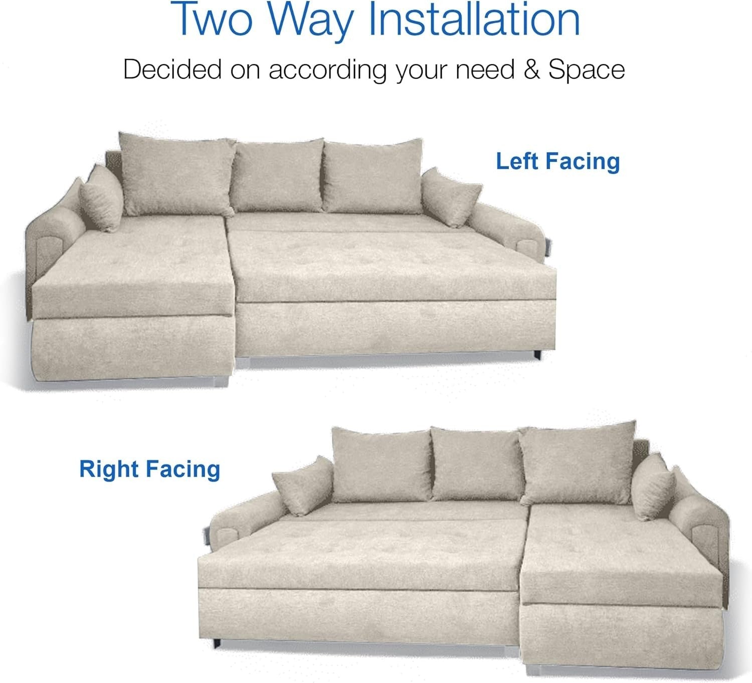 Cream L-Shape Sofa Bed w/ Pull-Out Sleeper & Storage Velvet 4 Seater Couch