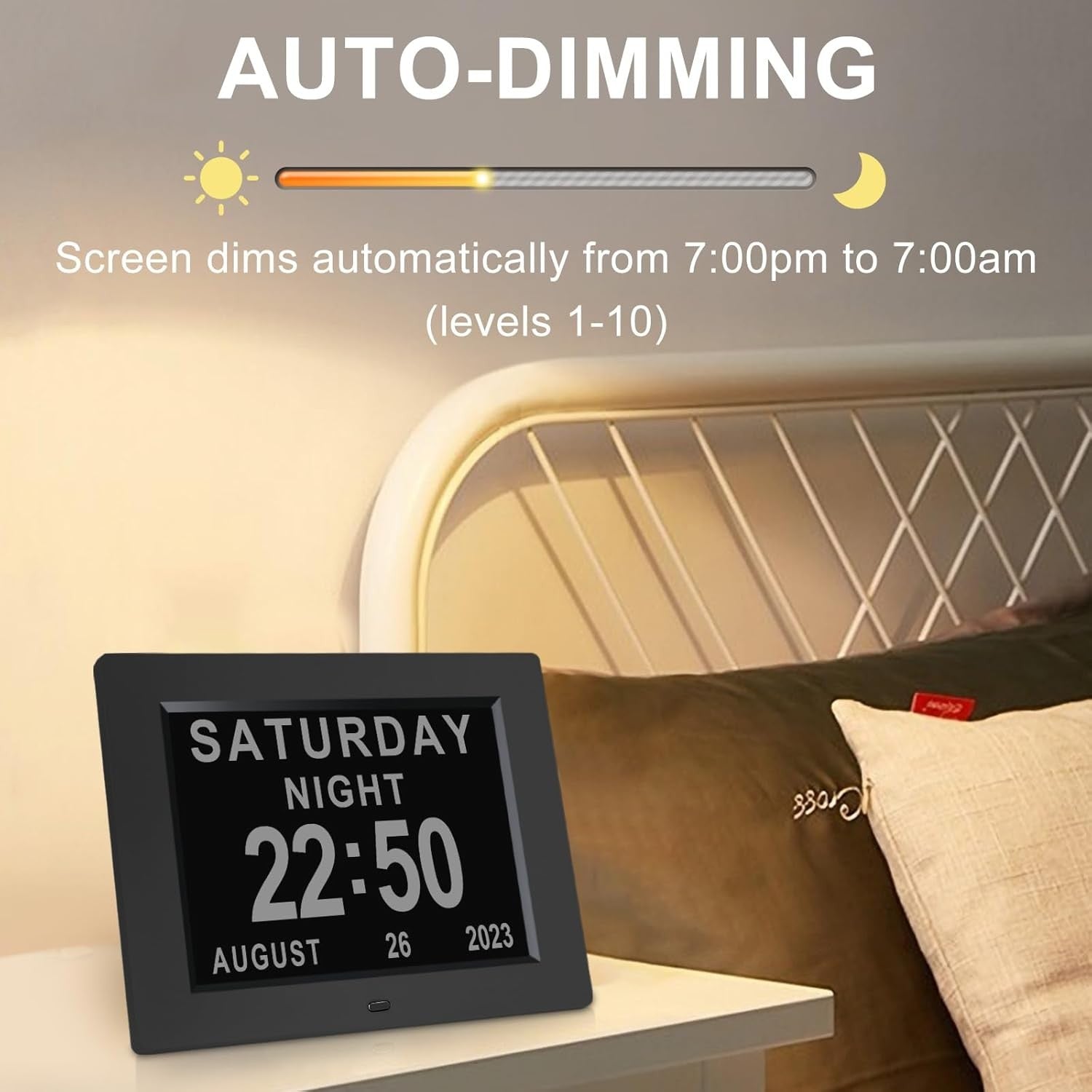 Digital Day Calendar Alarm Clock for Seniors Dementia Black Large Display