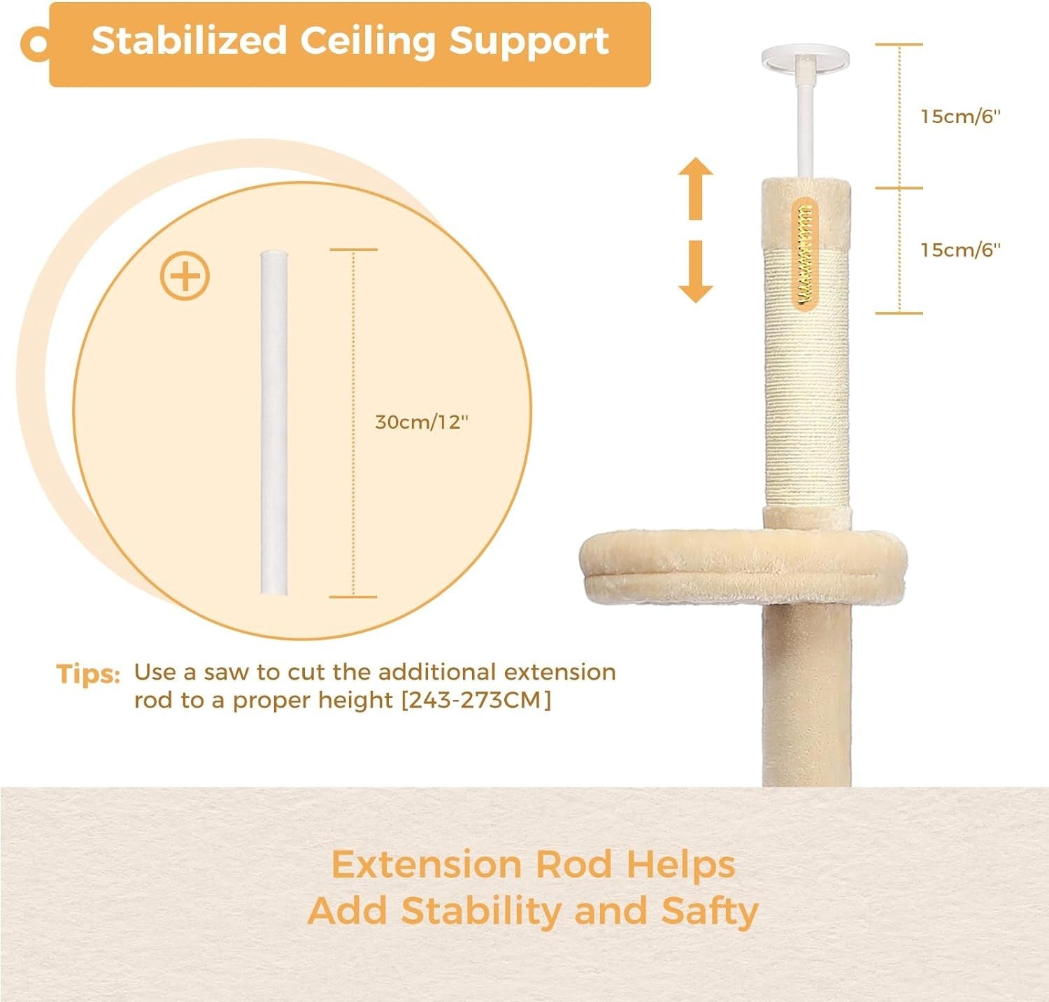 Floor to Ceiling Cat Tree Tower Adjustable 243–273cm 5 Tier Scratching Post