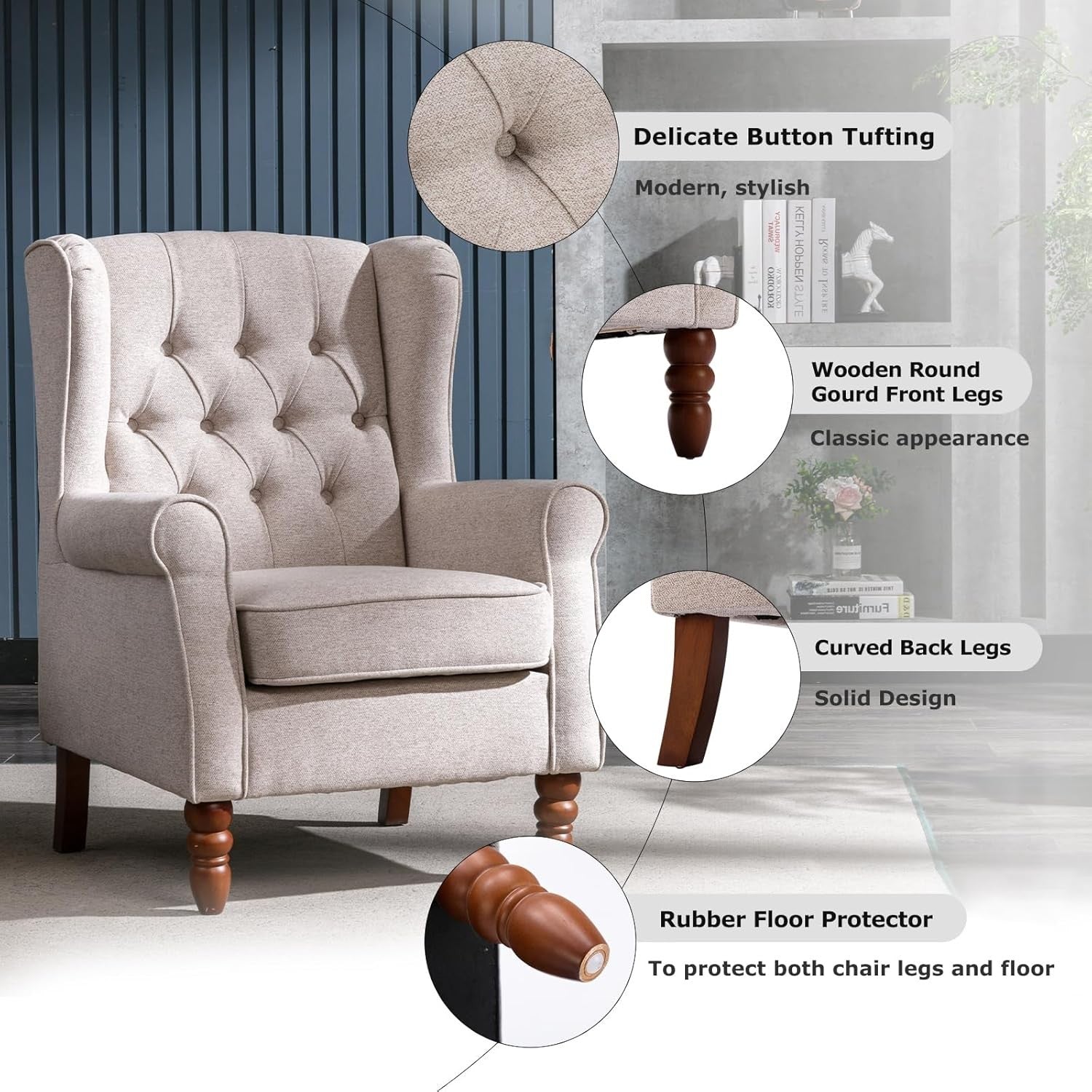 Mid‑Century Modern Wingback Accent Chair Set of 2 – Beige Upholstered Armchairs