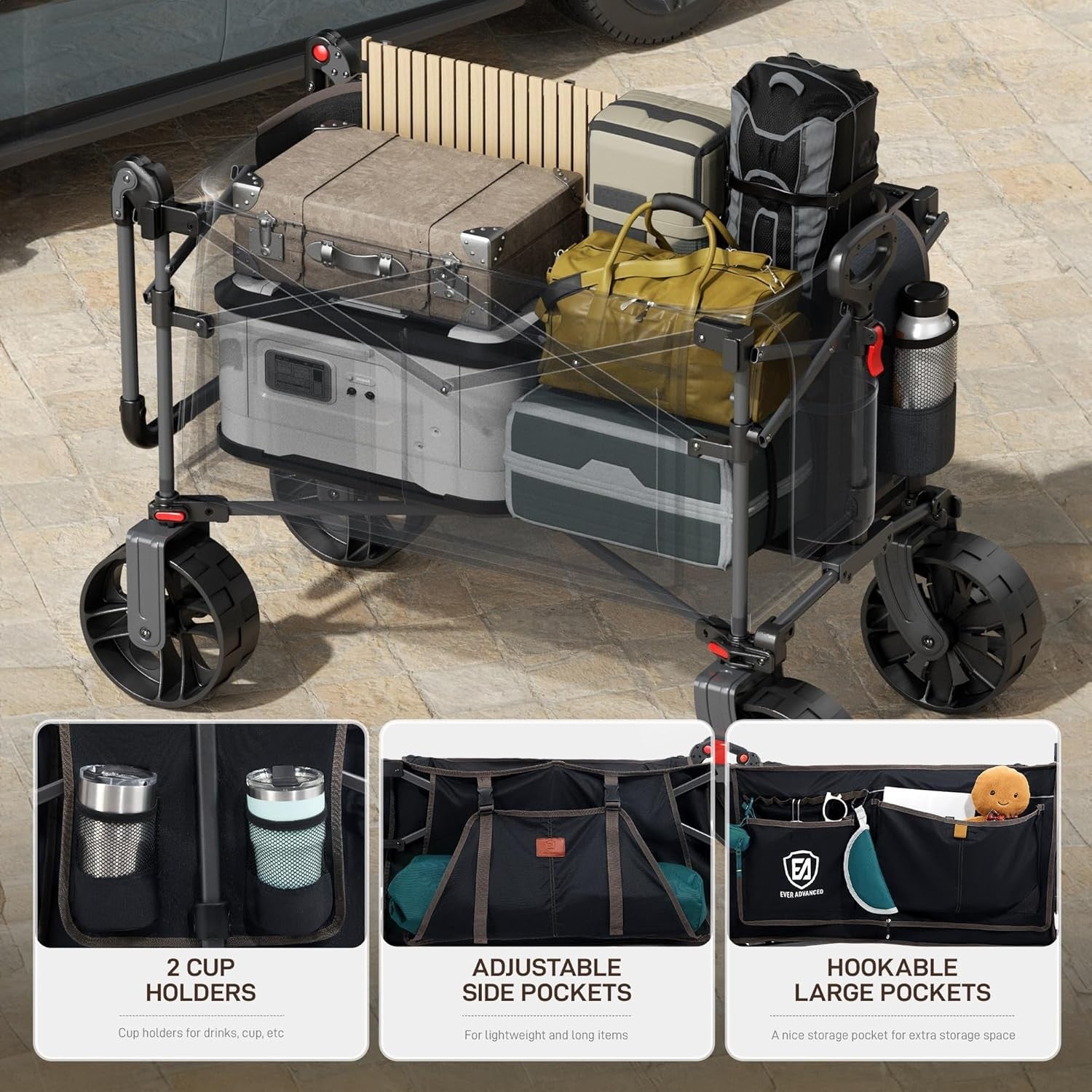 225L Folding Camping Wagon Trolley Heavy Duty Garden Cart with Canopy Wheels