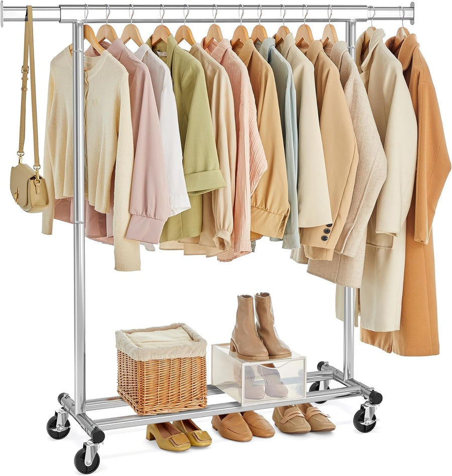 Heavy Duty Clothes Rack 100KG Extendable Rail Silver Wheels