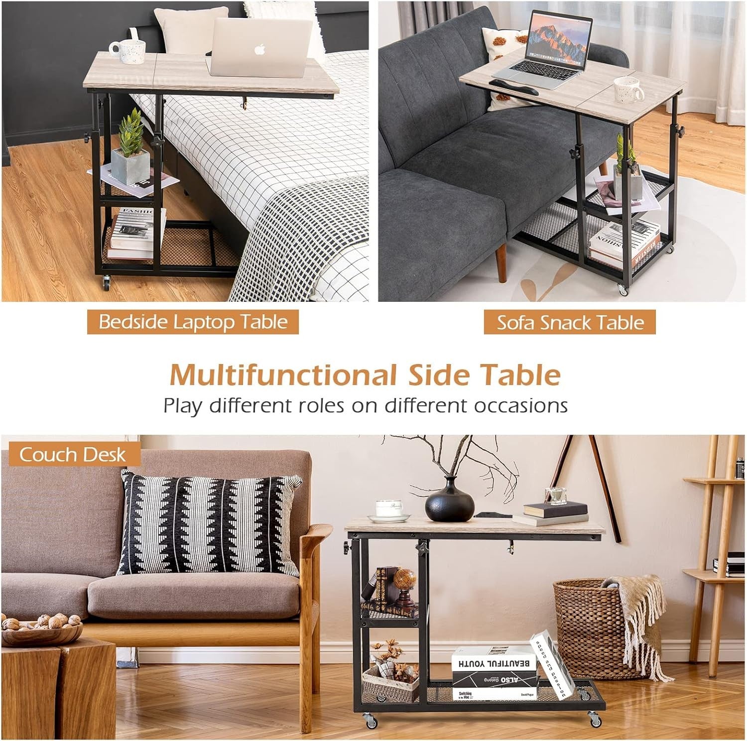 Natural Wood Overbed Table with Wheels Adjustable Sofa Side Laptop Desk