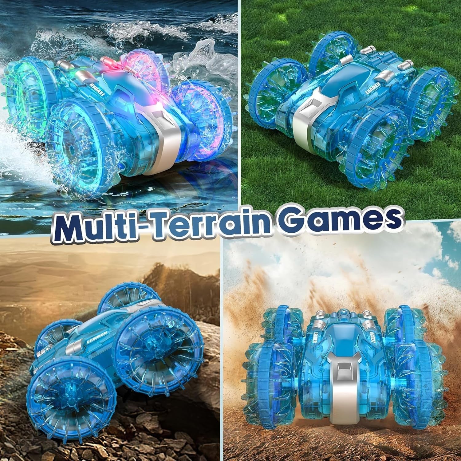 Waterproof RC Stunt Car 4WD 360° Rotation Dual Remote Control Toy – LED Lights