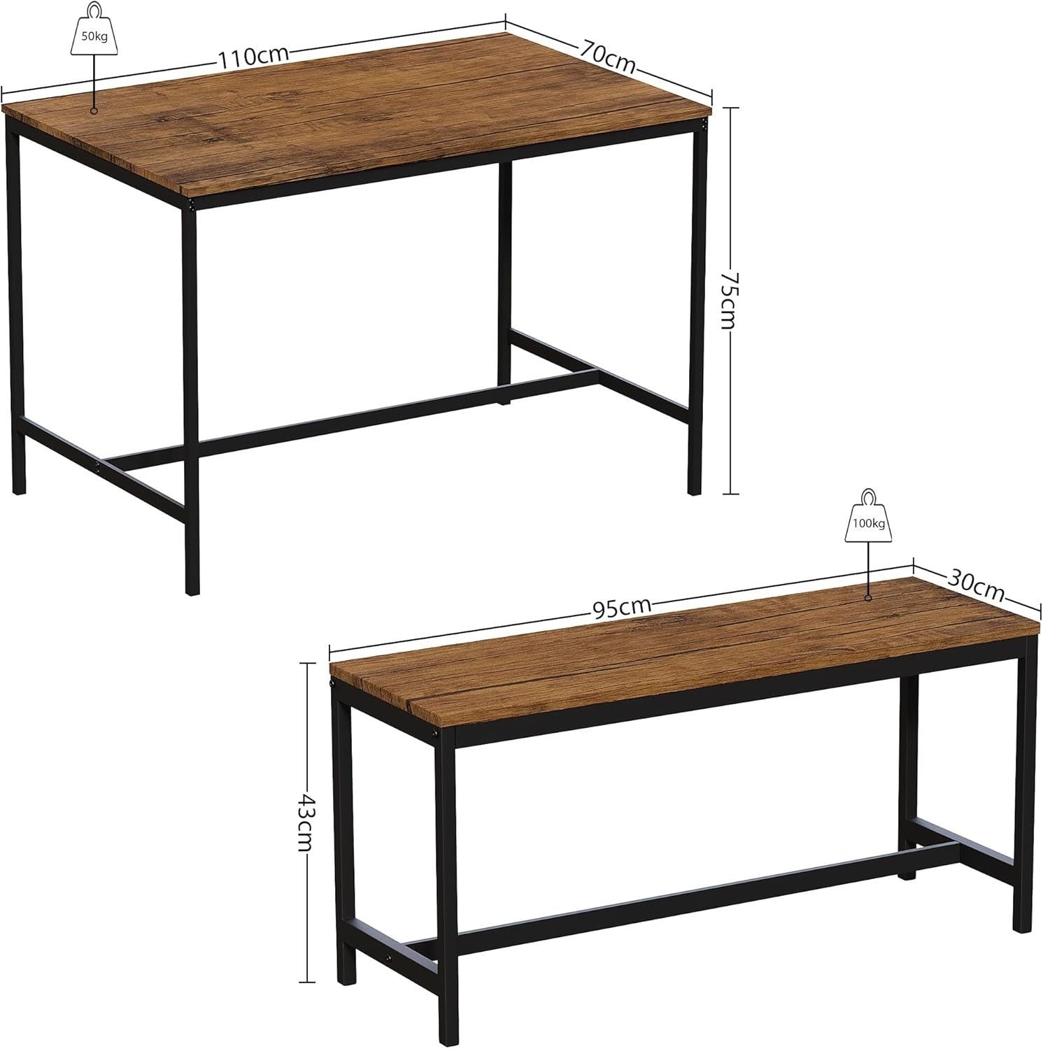 4 Seater Dining Table & Benches Set - Dark Wood Top, Metal Frame Compact
