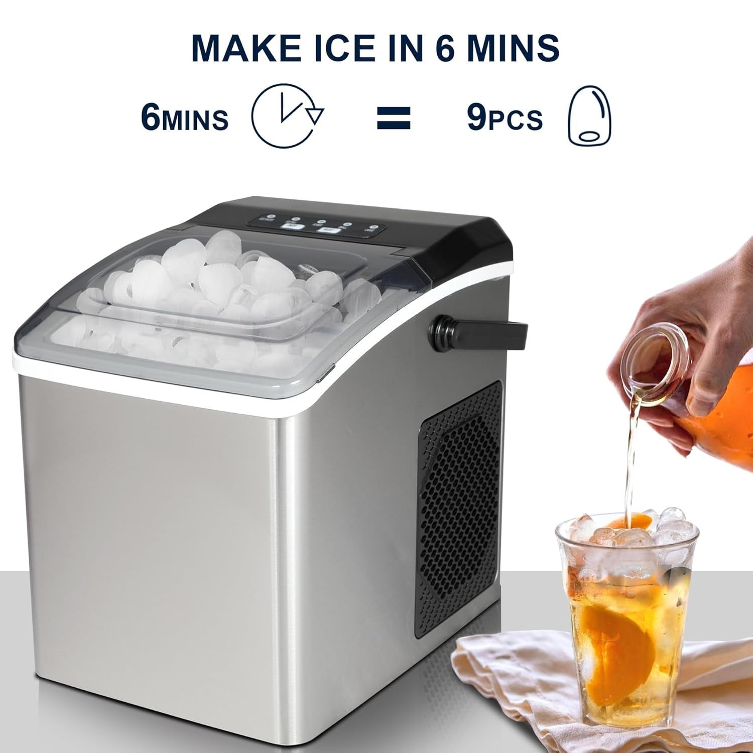 Countertop Ice Maker 12KG Nugget Ice Machine Fast 6-Minute Stainless Steel