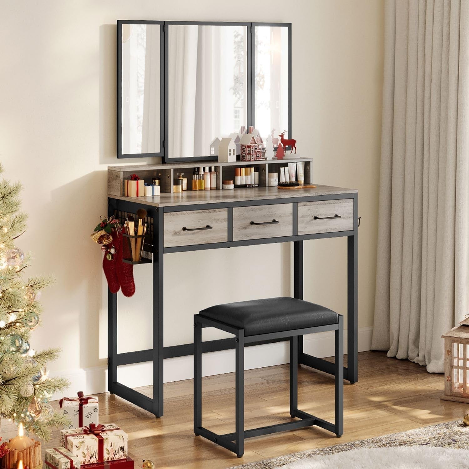 Vanity Dressing Table Set w/ Tri-Fold Mirror, 3 Drawers, Stool, Storage Rustic B