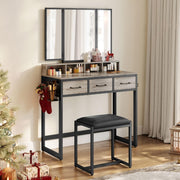 Vanity Dressing Table Set w/ Tri-Fold Mirror, 3 Drawers, Stool, Storage Rustic B
