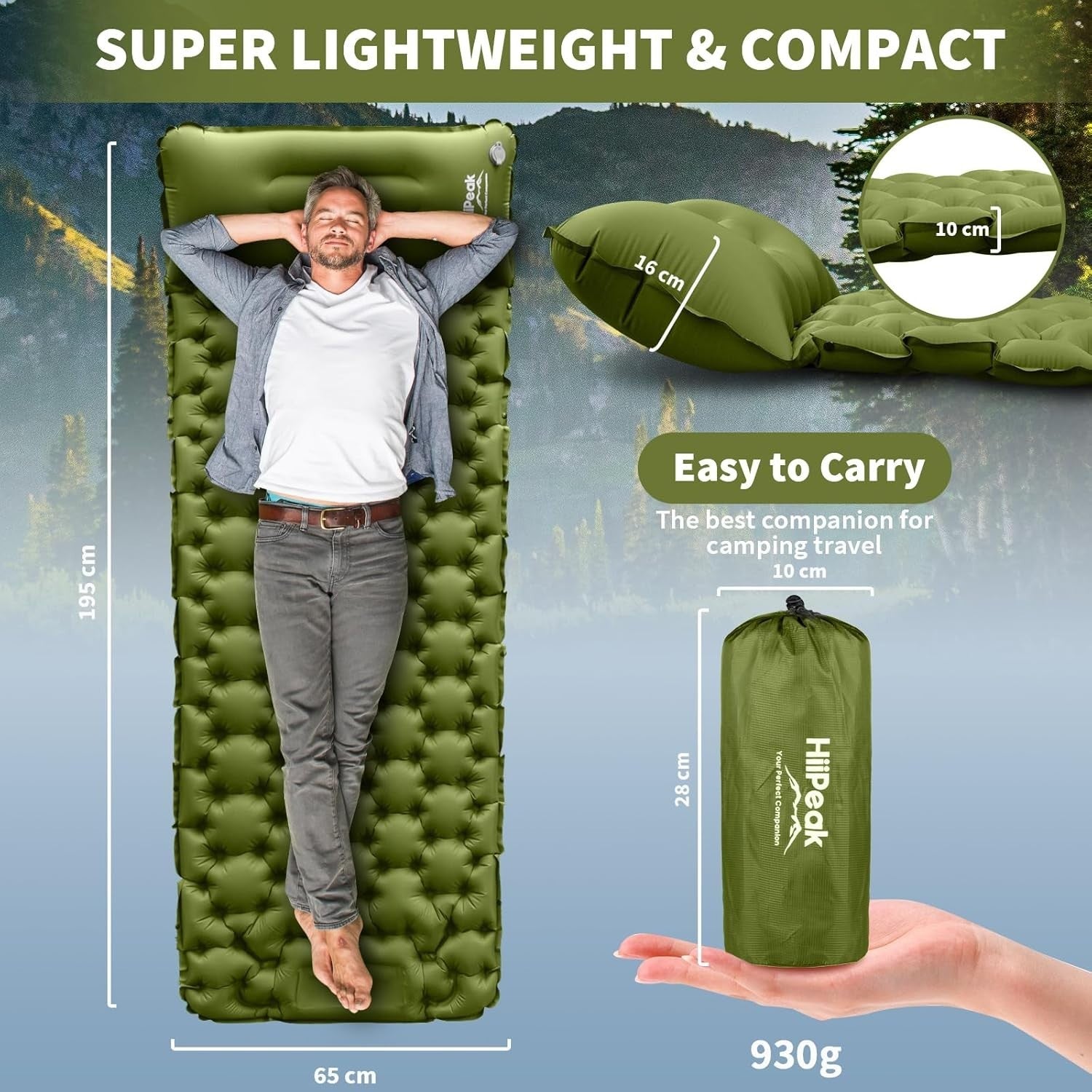 Single Inflatable Camping Mat 195x65x10cm Ultralight with Pillow