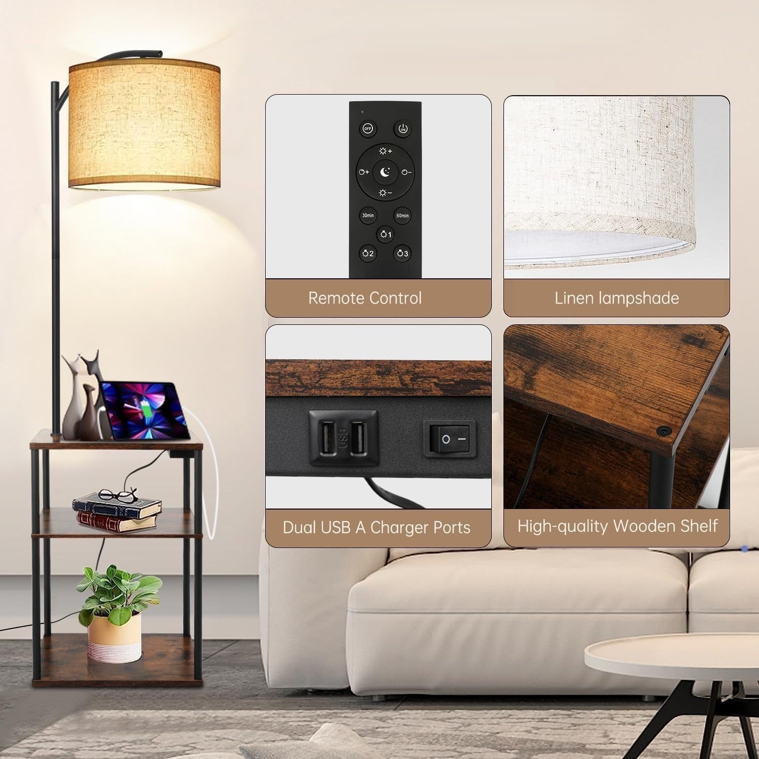 3-Way Dimmable Floor Lamp with Table USB Ports Shelves for Living Room