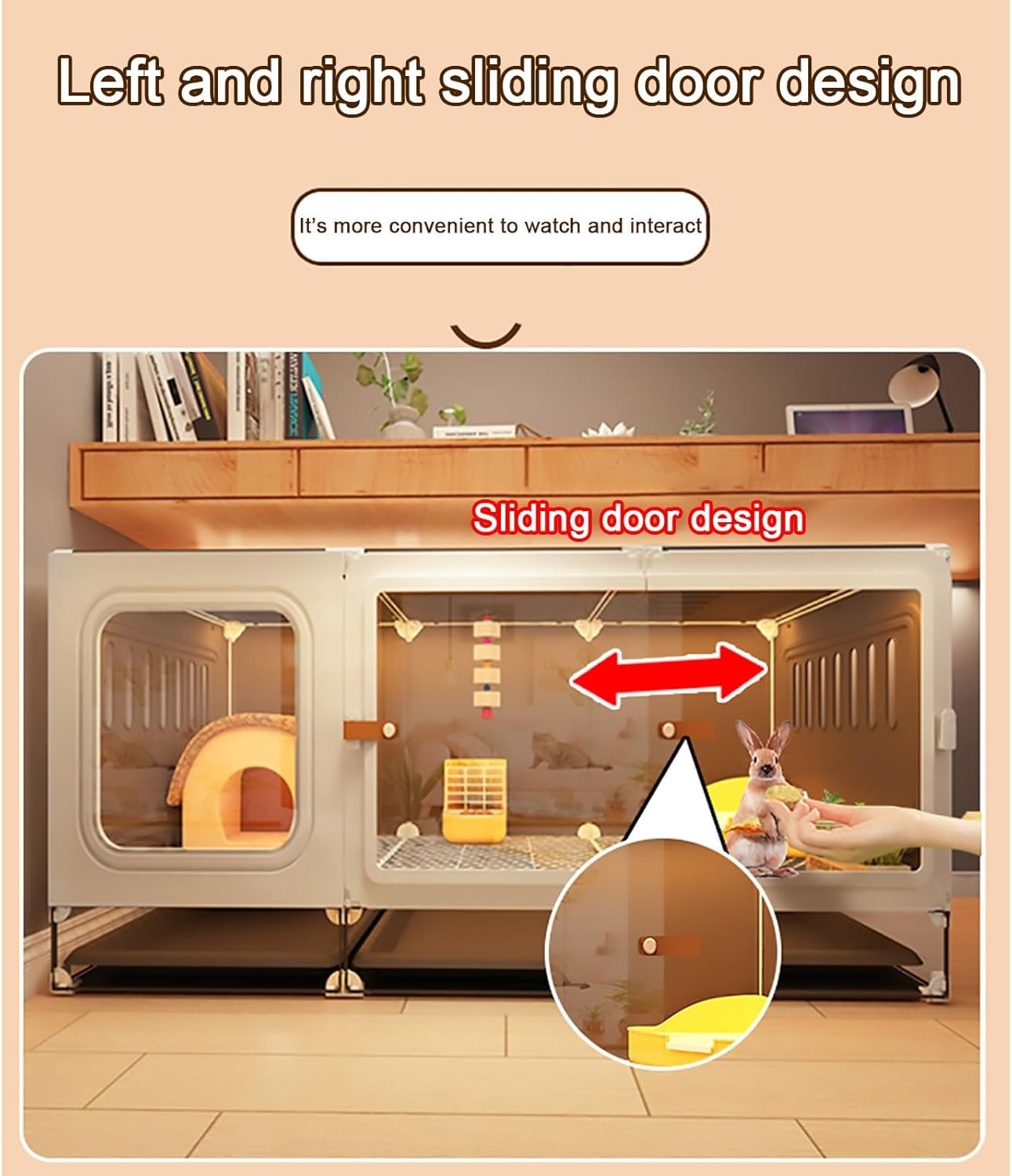 Indoor Rabbit Hutch Transparent Cage Sliding Door Easy Clean Tray