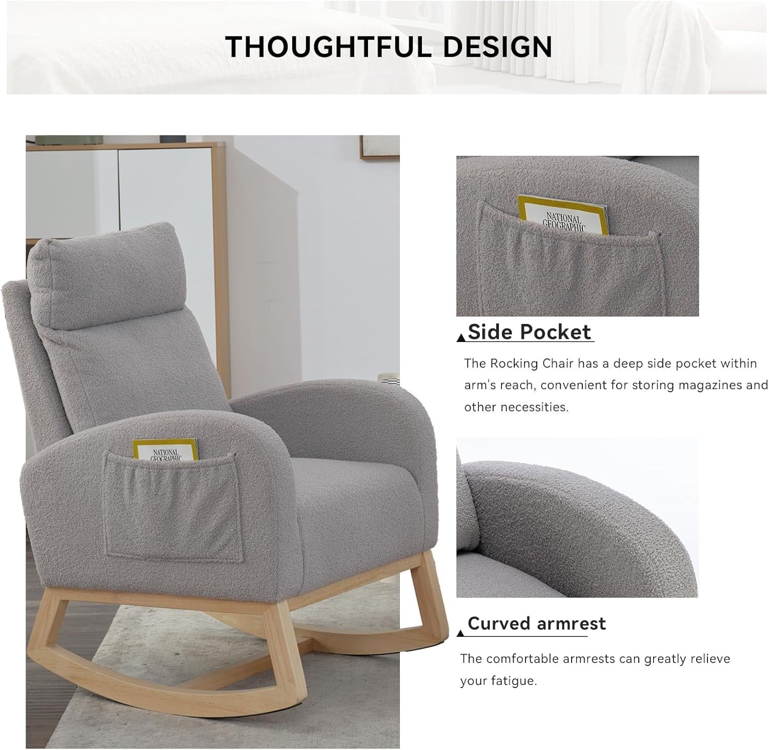 Nursery Rocking Chair for Adults High Back Boucle Armchair Glider Comfy