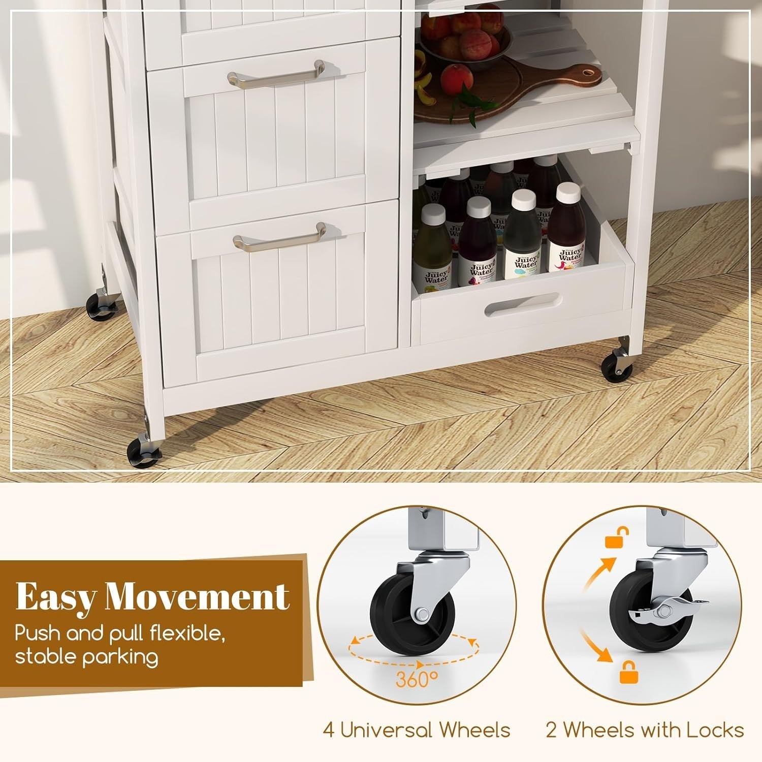White Kitchen Island Trolley Rubber Wood Top 3 Drawers