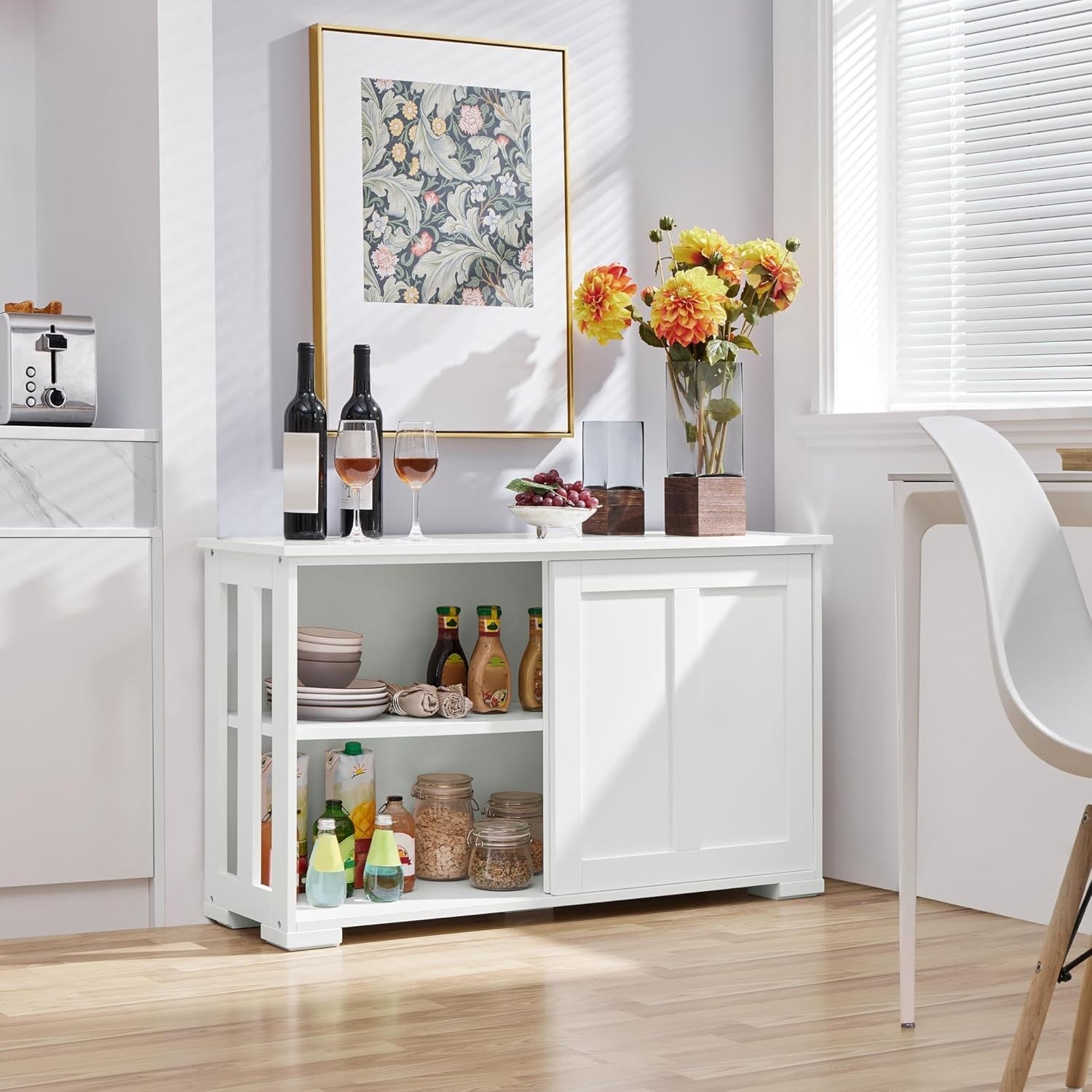 Set of 2 White Sideboard Buffet Cabinets | Sliding Door Storage Units with Shelv
