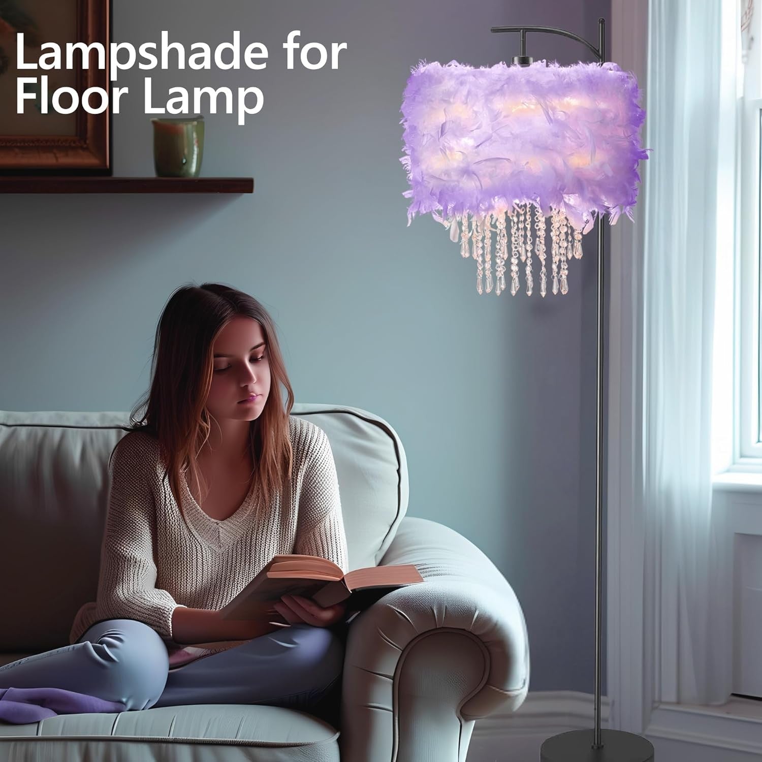 Feather Lampshade Purple Fluffy Ceiling Pendant Drum Shade Crystal Drops
