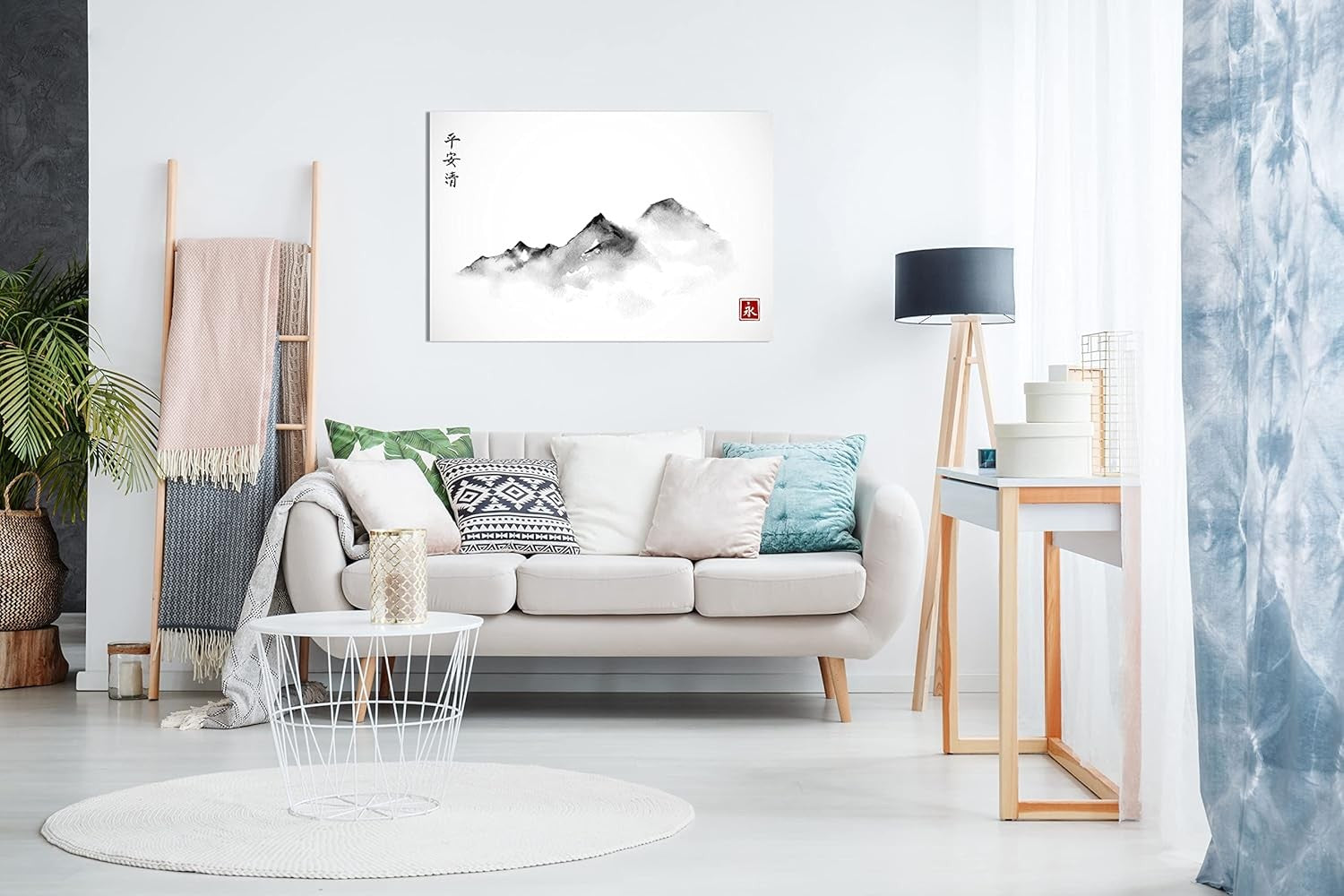 Japanese Ink Mountain Canvas Wall Art Black White Framed Zen Home Decor 91x61cm