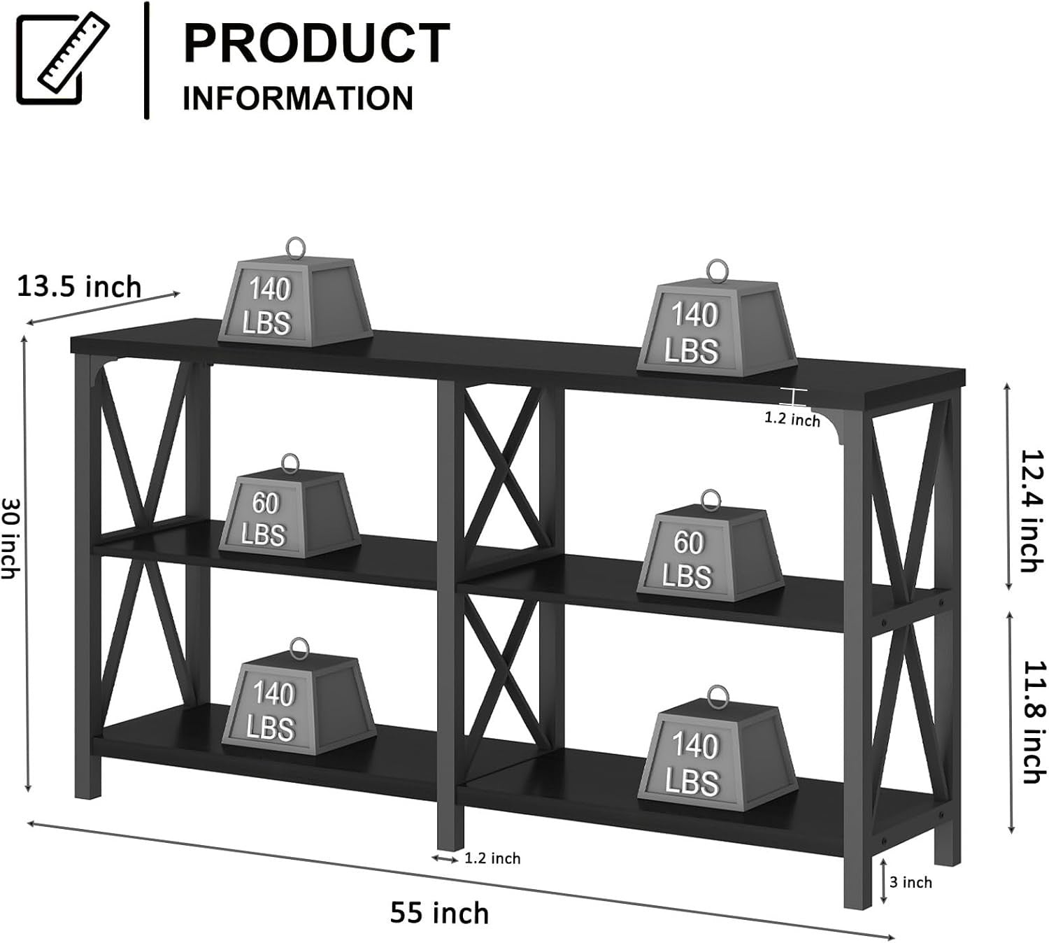 Black Oak Console Table 55” 3-Tier Shelf Metal Frame Entryway Storage