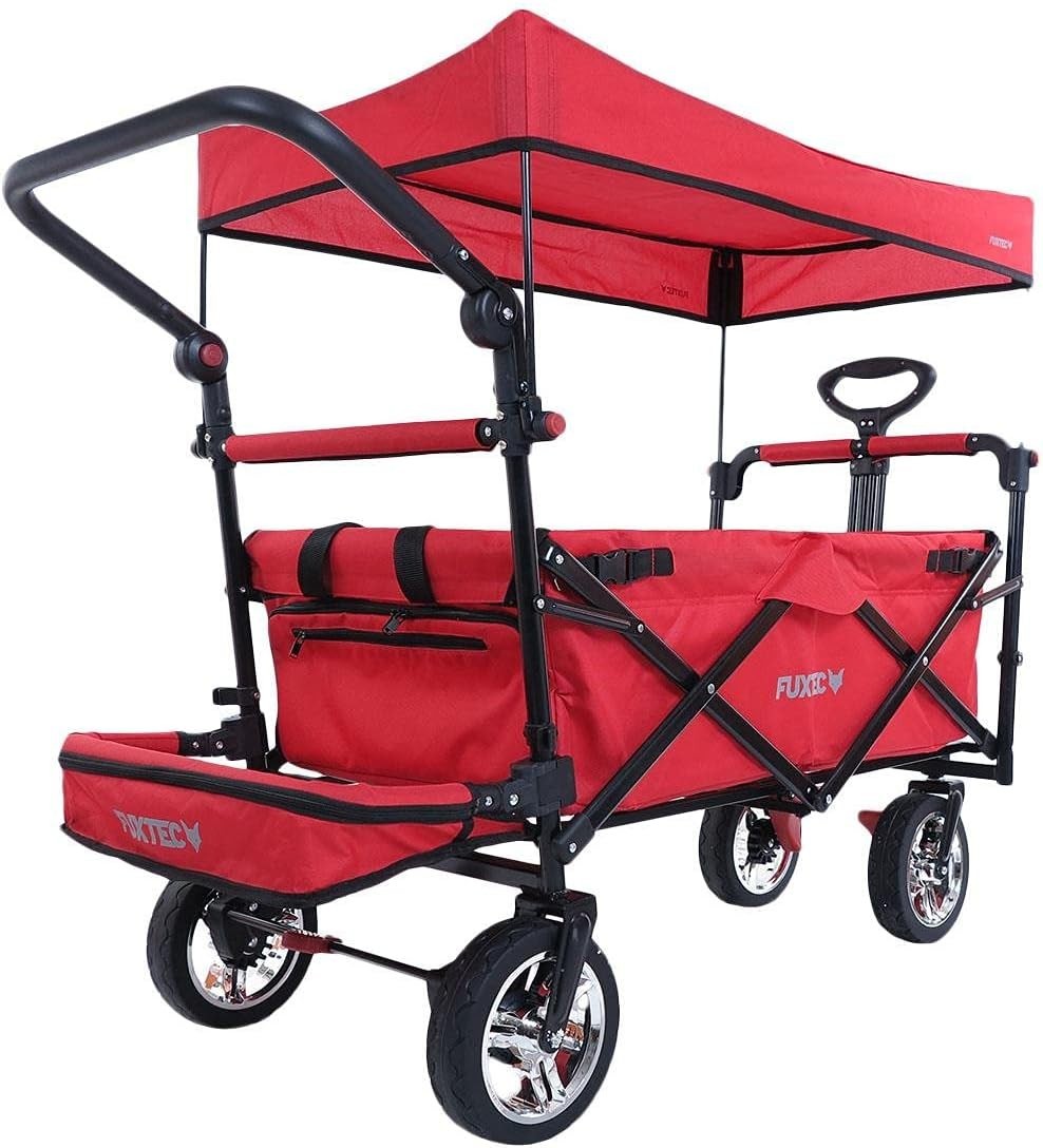 Red Folding Kids Wagon w/ Roof Push Pull Cart Brakes Solid Wheels & Extension