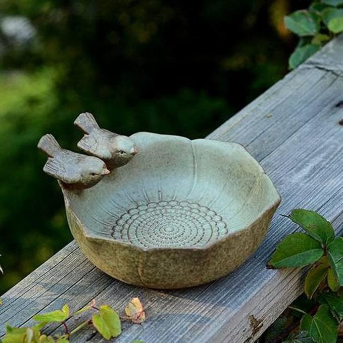 Ceramic Bird Bath Bowl Feeder – Garden Patio Ornament with Twin Bird Design