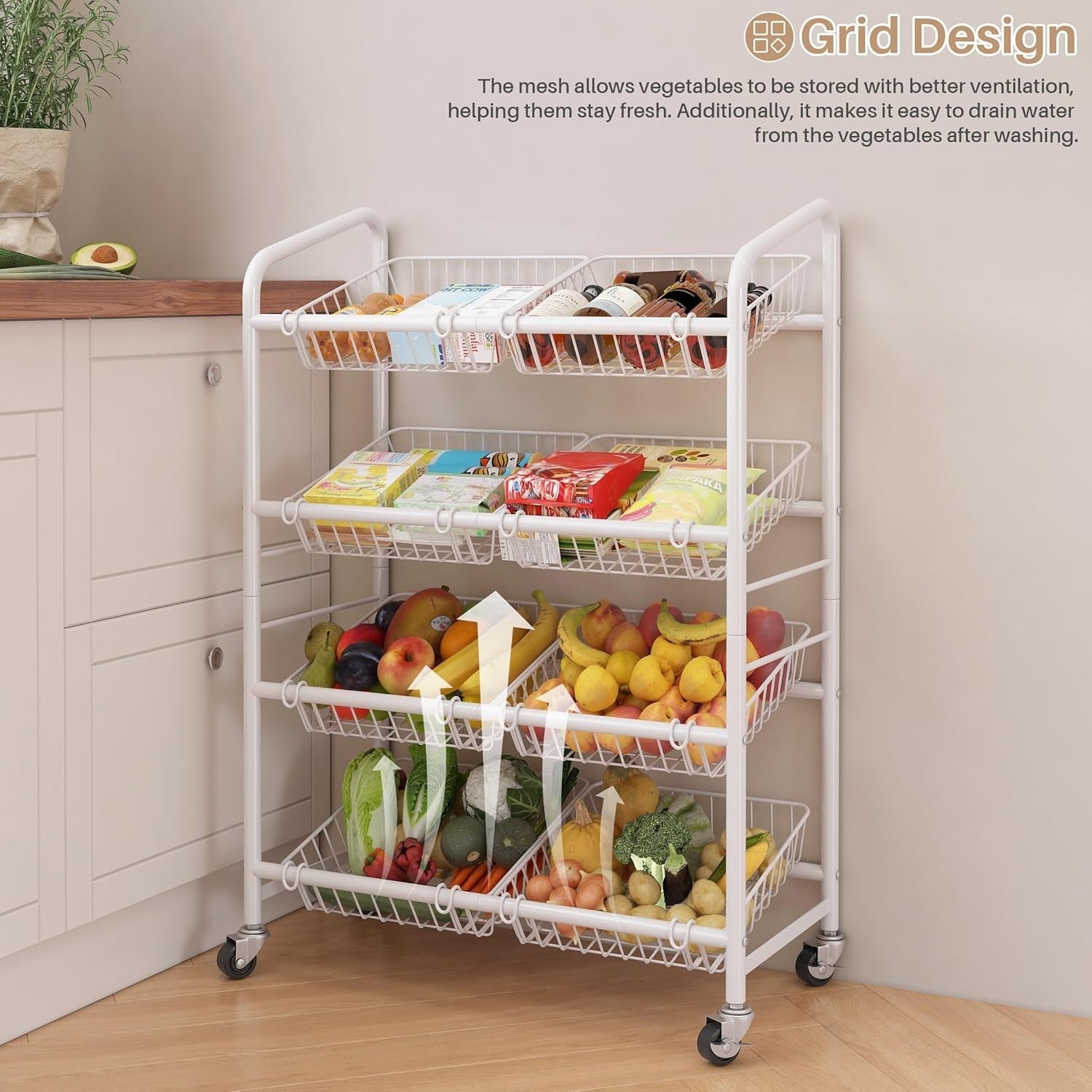 4 Tier Rolling Vegetable Storage Rack Kitchen Trolley with Wheels White